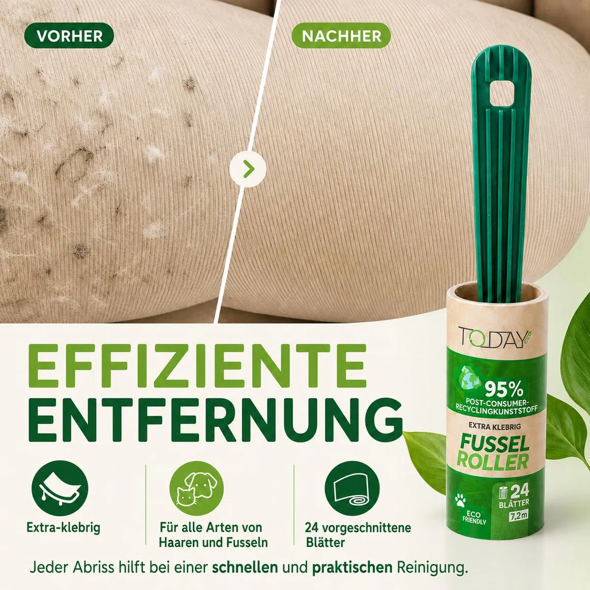 Today Eco - Fusselrolle 28 Rollen + Deckel + 2 Abroller 95% recyceltes Material - Fusselrolle Tierhaare Easy-Peel - Geeignet für Haare, Staub, Kleidung, Tierhare