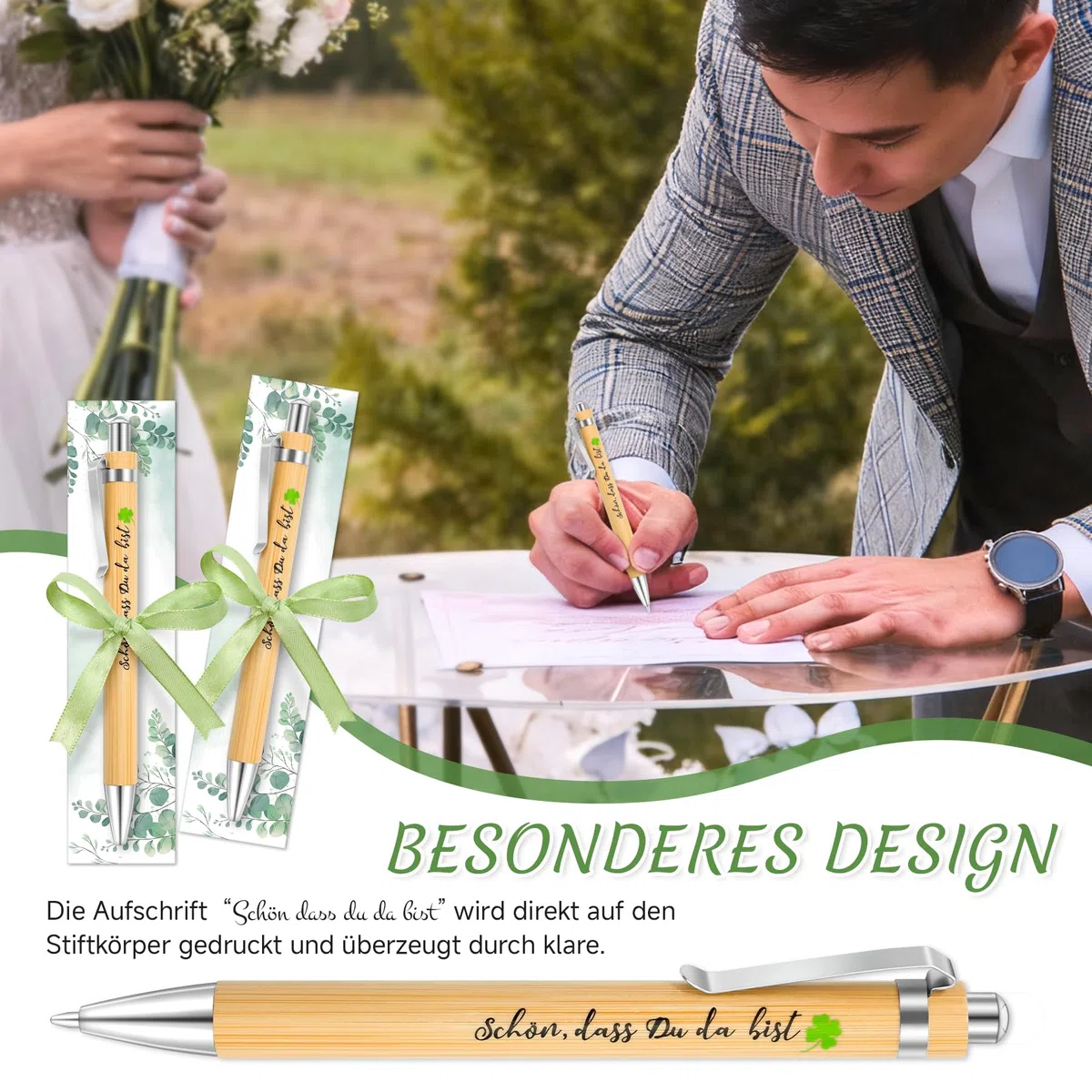 Okoss 30 Stück Schön dass du da bist Holz Kugelschreiber mit Eukalyptus Karte, Stifte Gastgeschenke Hochzeit Taufe Kommunion Konfirmation Geburtstag Abschied Abschluss Dankeschön Geschenk