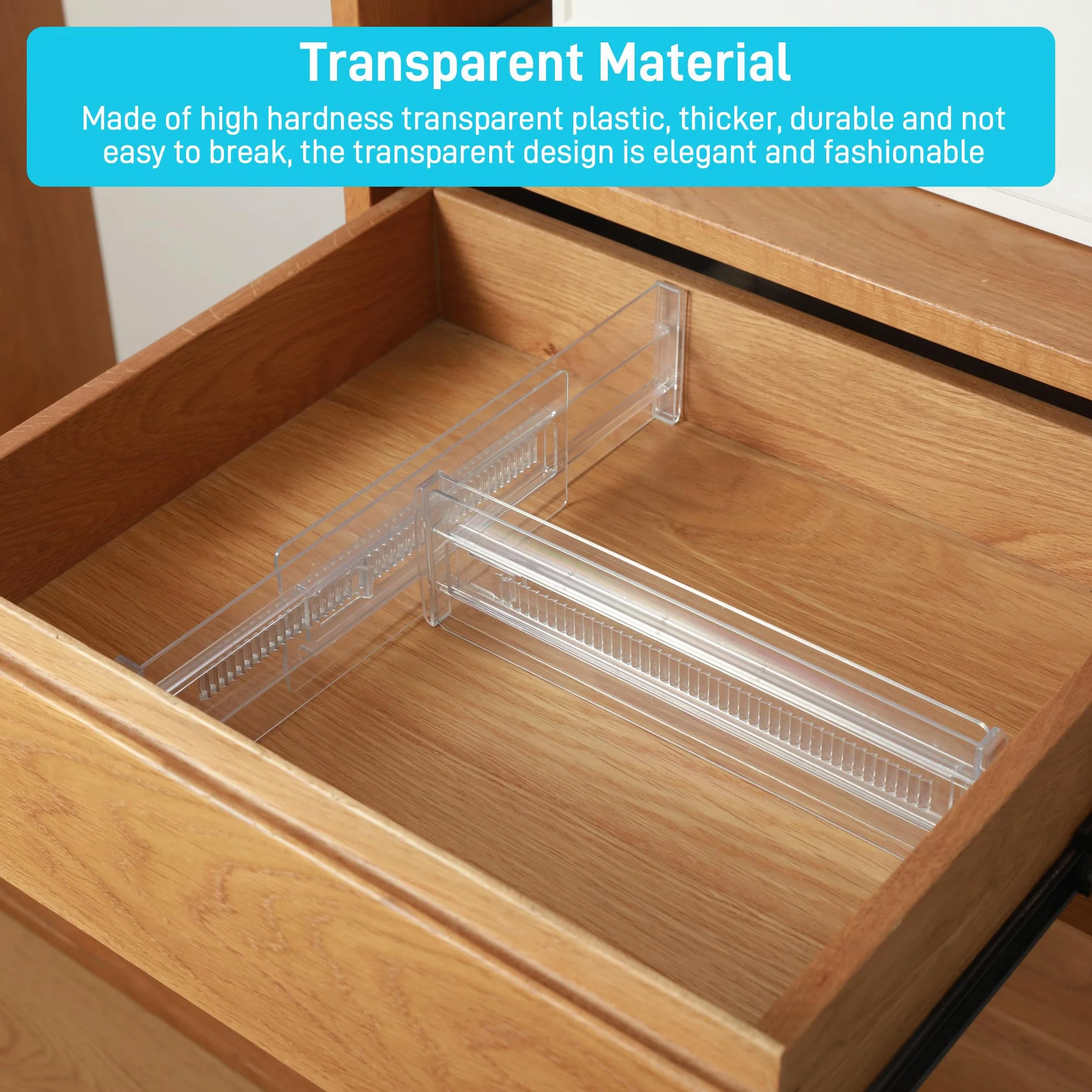 Zocipro 6 Stück Schubladentrenner, Schubladenteiler Verstellbar (28-50cm), Transparente Schubladen Trenner Kunststoff für Küchenspeicher, Schlafzimmer, Kommode, mit Doppelseitigem Klebeband