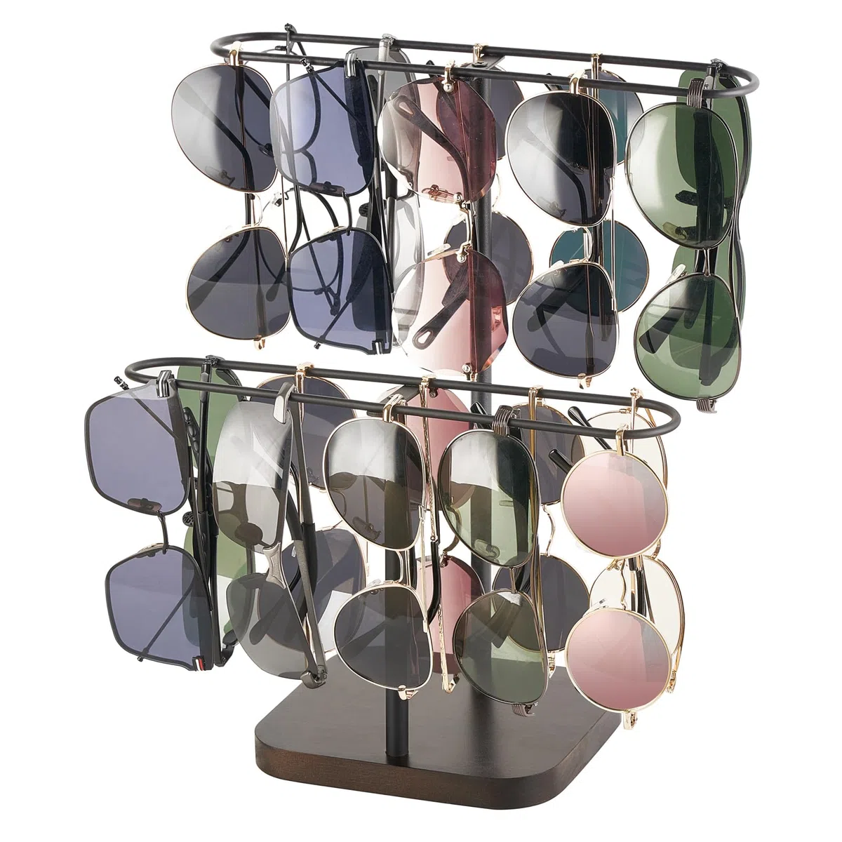 Mkono Sonnenbrillen-Organizer, Brillenhalter, 2 Ebenen, Sonnenbrillen-Aufbewahrung, Brillenständer, Metallrahmen mit Holzsockel, für 24 Paar Brillen für Tisch, Schreibtisch, Arbeitsplatte, Kommode,