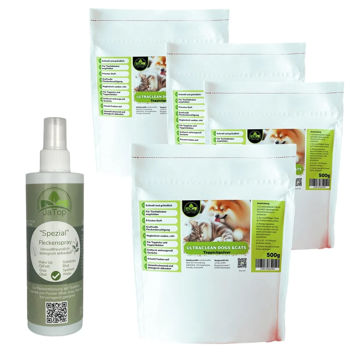 UltraClean Cats & Dogs Teppichreiniger Pulver zum Absaugen, Teppich Reinigungsmittel Pulver, Teppichpulver zum Reinigen von 10-15qm Teppichboden, 4 x 500g + Fleckenspray 250ml