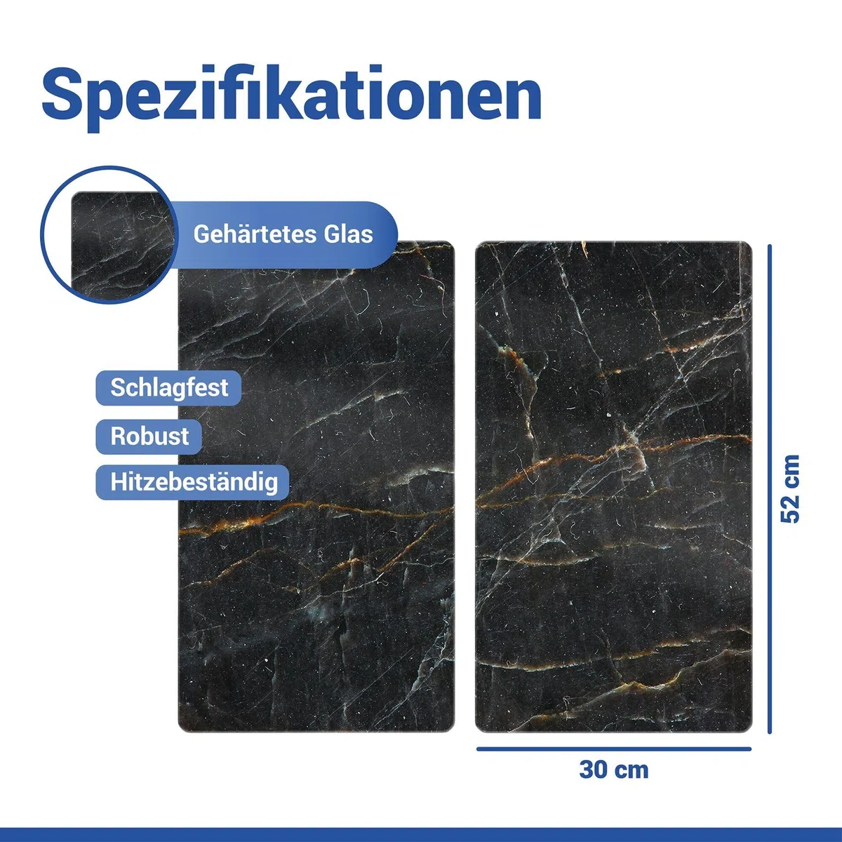 Allstar Herdabdeckplatte aus Glas, 2er Set, für Glaskeramik- und Induktionskochfelder, Herdabdeckung, Glasschneidebrett & Spritzschutz für die Küchenwand, 30 x 52 cm, Mod. Marmor schwarz