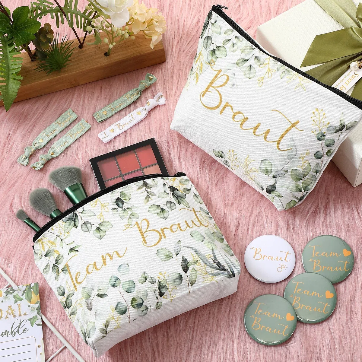Hestya 7 Sets JGA Geschenke Team Braut Kosmetiktasche Bride Armbänder Buttons Team Braut JGA Deko Junggesellenabschied Frauen Accessoires