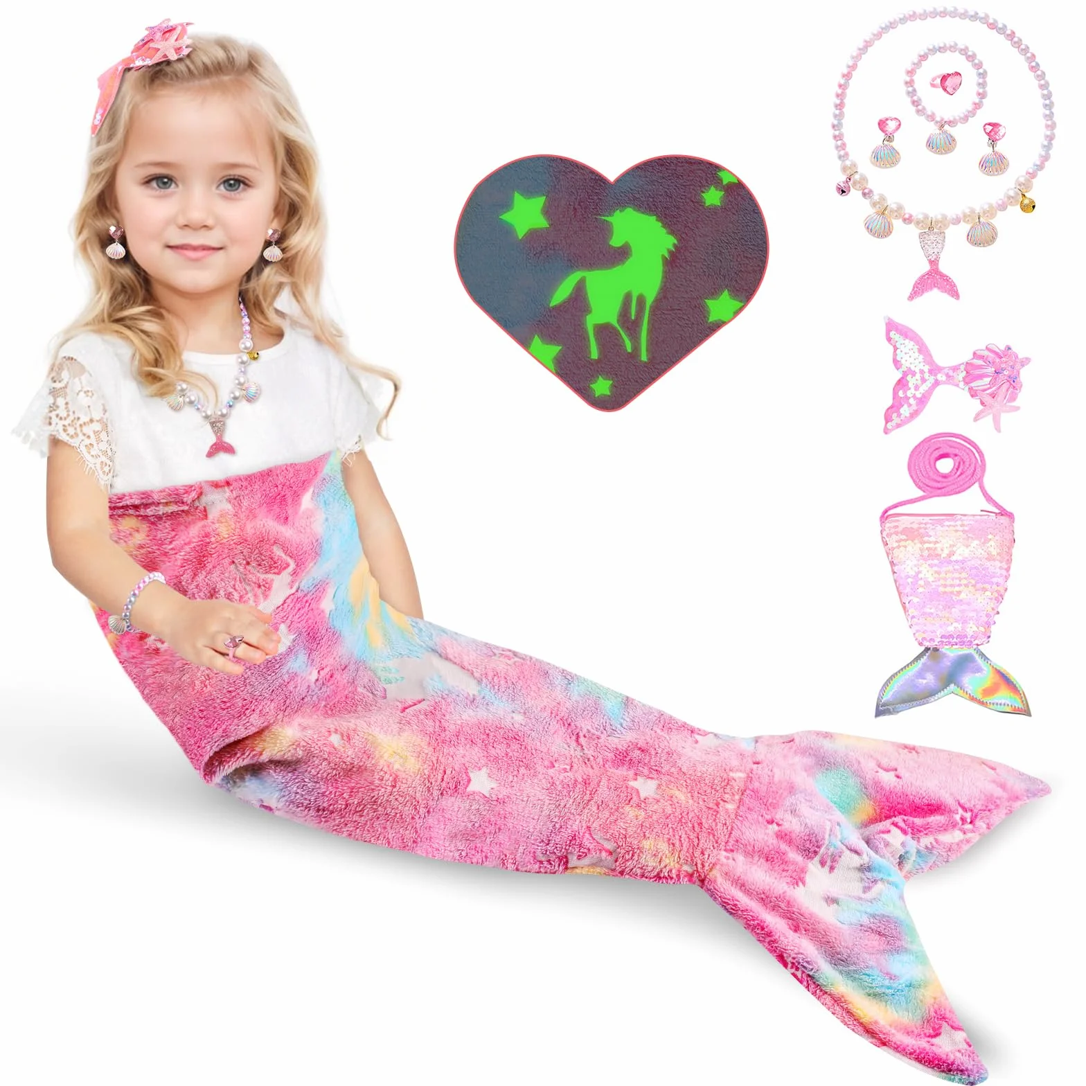 Cyiecw Meerjungfrauen Decke Mädchen Kinder 100x50CM, Meerjungfrauenflosse Mädchen Decke Leuchtet im Dunkeln, Meerjungfrau Flanell Blanket mit Pailletten Portemonnaie und Mermaid Schmuckzubehör