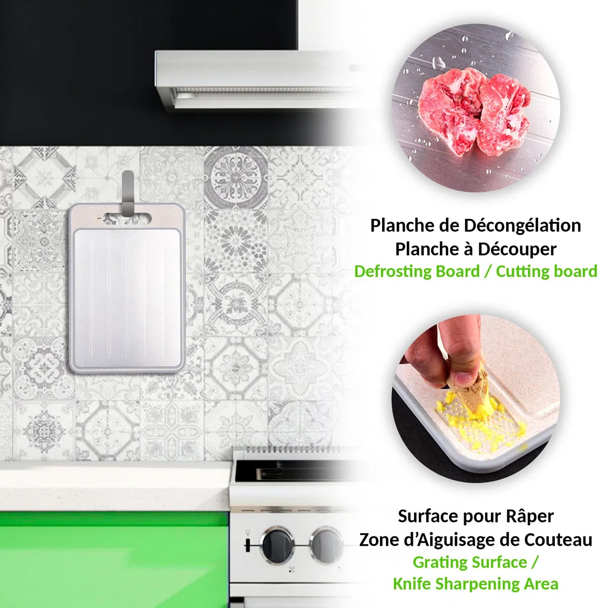 FISHTEC - 4 in 1 Auftaubrett - Vorderseite zum Auftauen, Rückseite zum Schneiden, Oberfläche zum Rasieren, Messerschärfer - Vielseitig und Praktisch - Aluminium