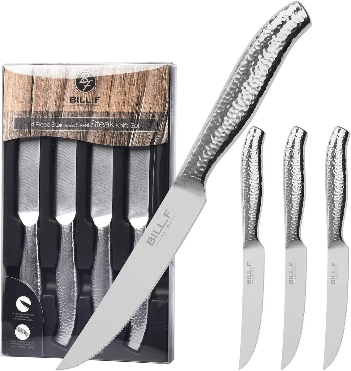 BF BILL.F SINCE 1983 Steakmesserset, 4-tlg. 4,5-Zoll-Steakmesser mit Wellenschliff und Edelstahlgriff