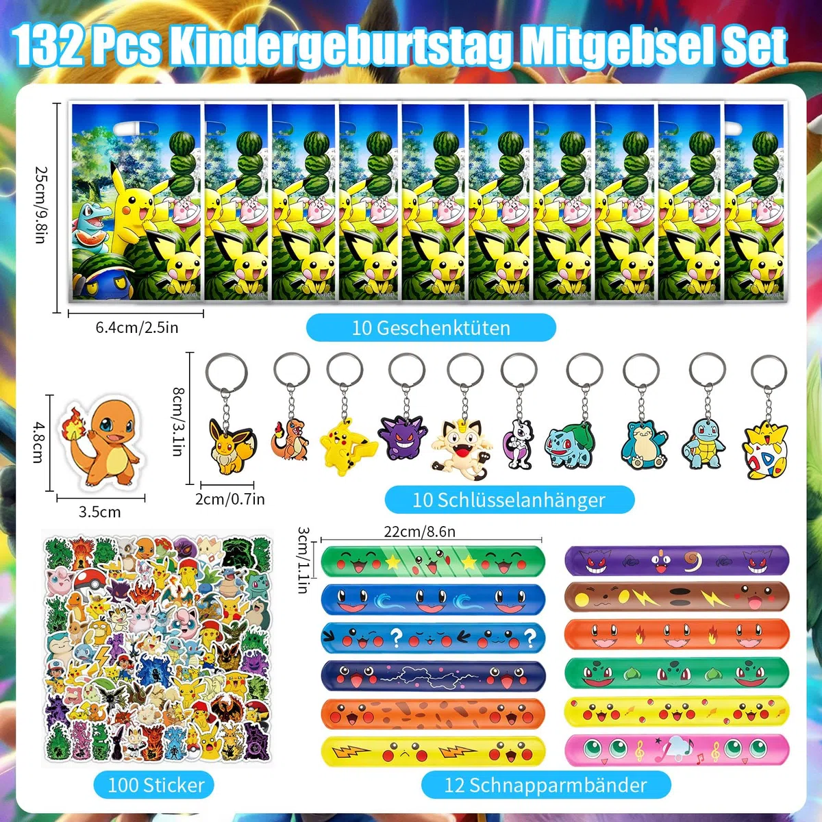 132 -teiliges Party Mitgebsel Set für Geburtstag – mit 100 Stickern, 10 Geschenktüten, 12 Schnapparmbändern & 10 Schlüsselanhängern