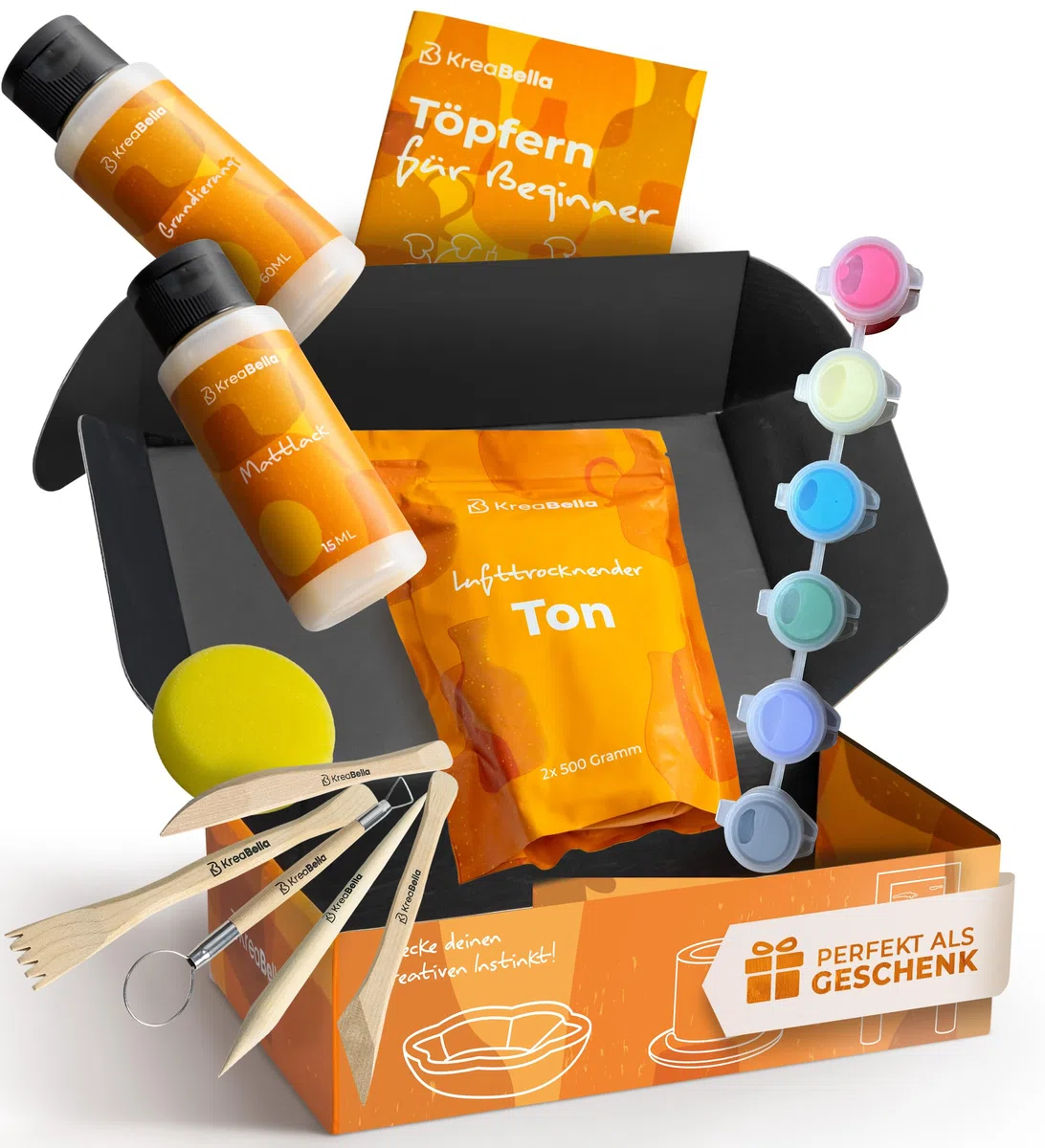 Töpferset für Einsteiger – 17-teiliges Keramik- und Modellierset mit Werkzeugen, Farben & Ton – Mini Set zum Töpfern inkl. Acrylfarben, Pinsel, Tonmasse & Zubehör von KreaBella
