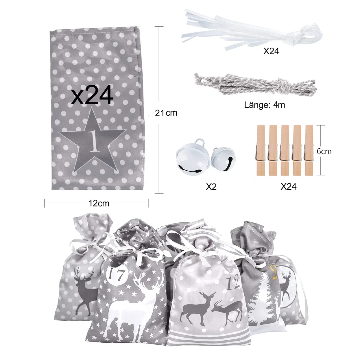 Adventskalender zum Befüllen Groß (12x21cm), 24 Stoffbeutel Kette zum selber Basteln und Aufhängen 2025 Weihnachtskalender zum selberfüllen mit Grau Stoff Säckchen für Kinder junge männer Mädchen