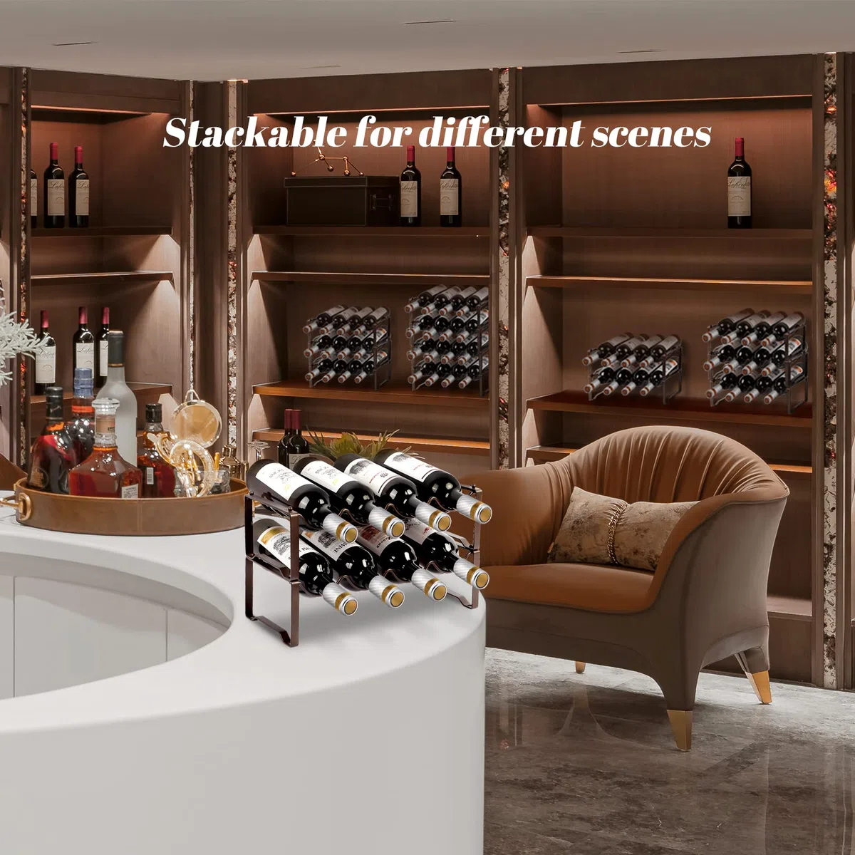 Weinregal Metall stapelbar flaschenregal für 8 Flaschen für Keller, bar und lagerraum, Wine Rack stabiles modular erweiterbare Flaschen und weinlagerung (2 Etagen)