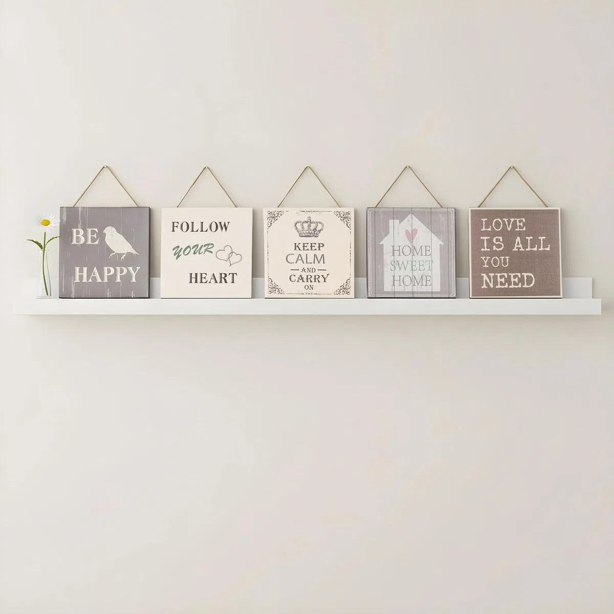 levandeo 5er Set Wandbilder 20x20cm Motivationsbilder Shabby Chic Vintage Home Deko Sprüche Wanddeko Kordel Glitzer