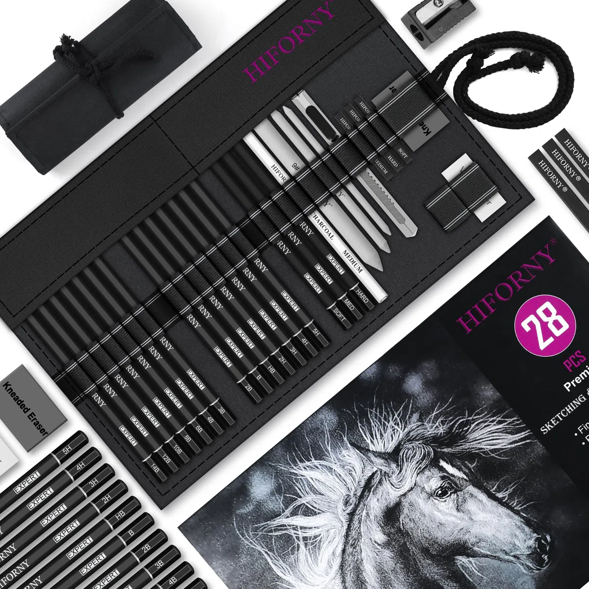 HIFORNY 28-teiliges Skizzierstifte-Set, Skizzenstifte, Kunstzubehör mit Graphit, Anthrazit, Mischwerkzeuge, Zubehör, Zeichenset für Erwachsene, Künstler in Rolltasche auf Leinwand