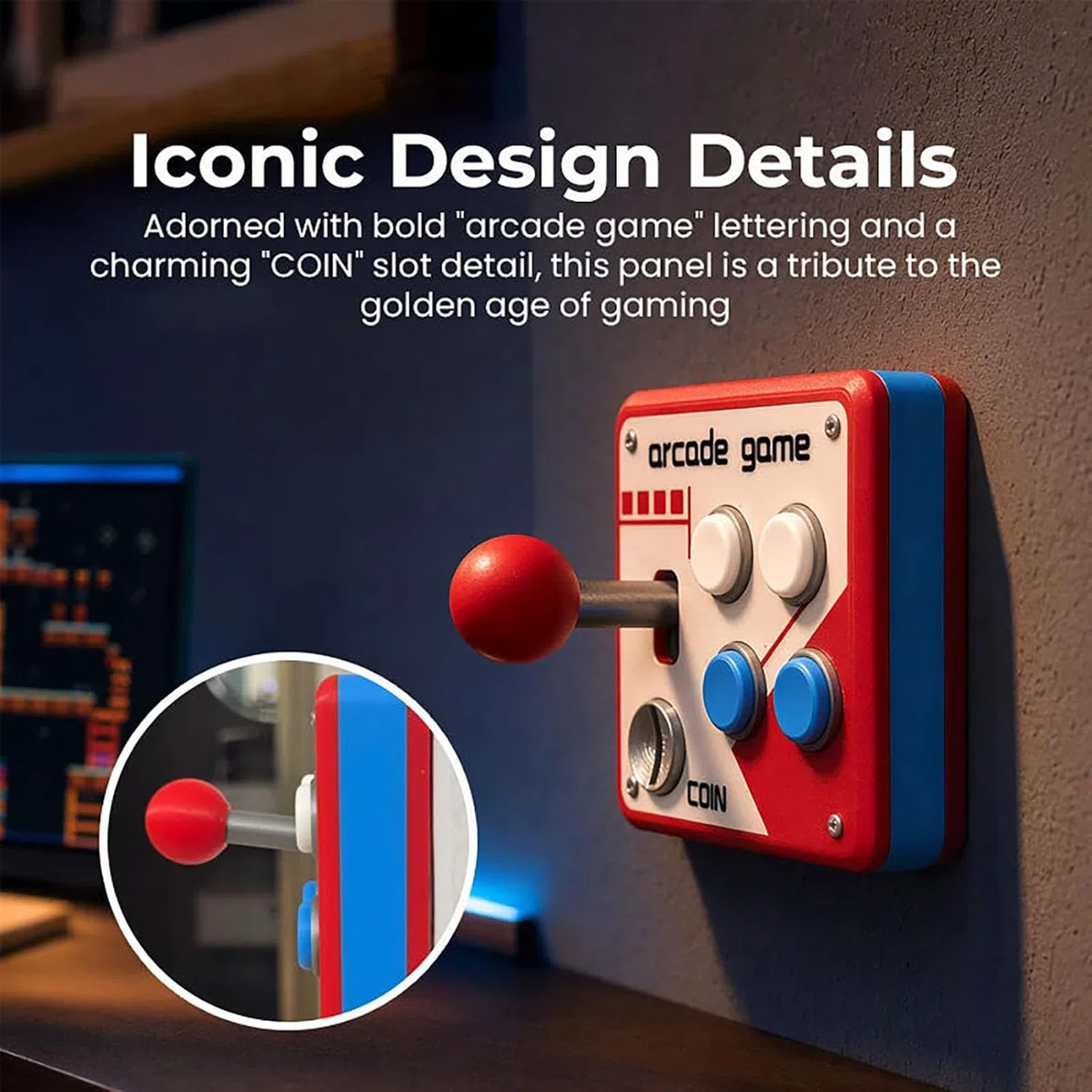 Retro-Arcade-Schalttafel, Vintage-Arcade-Wanddekoration mit klickendem Joystick und bunten Knöpfen, interaktive Klassische Spielzimmer-Wandkunst, Gamer-Geschenk für Männer (2Pcs)