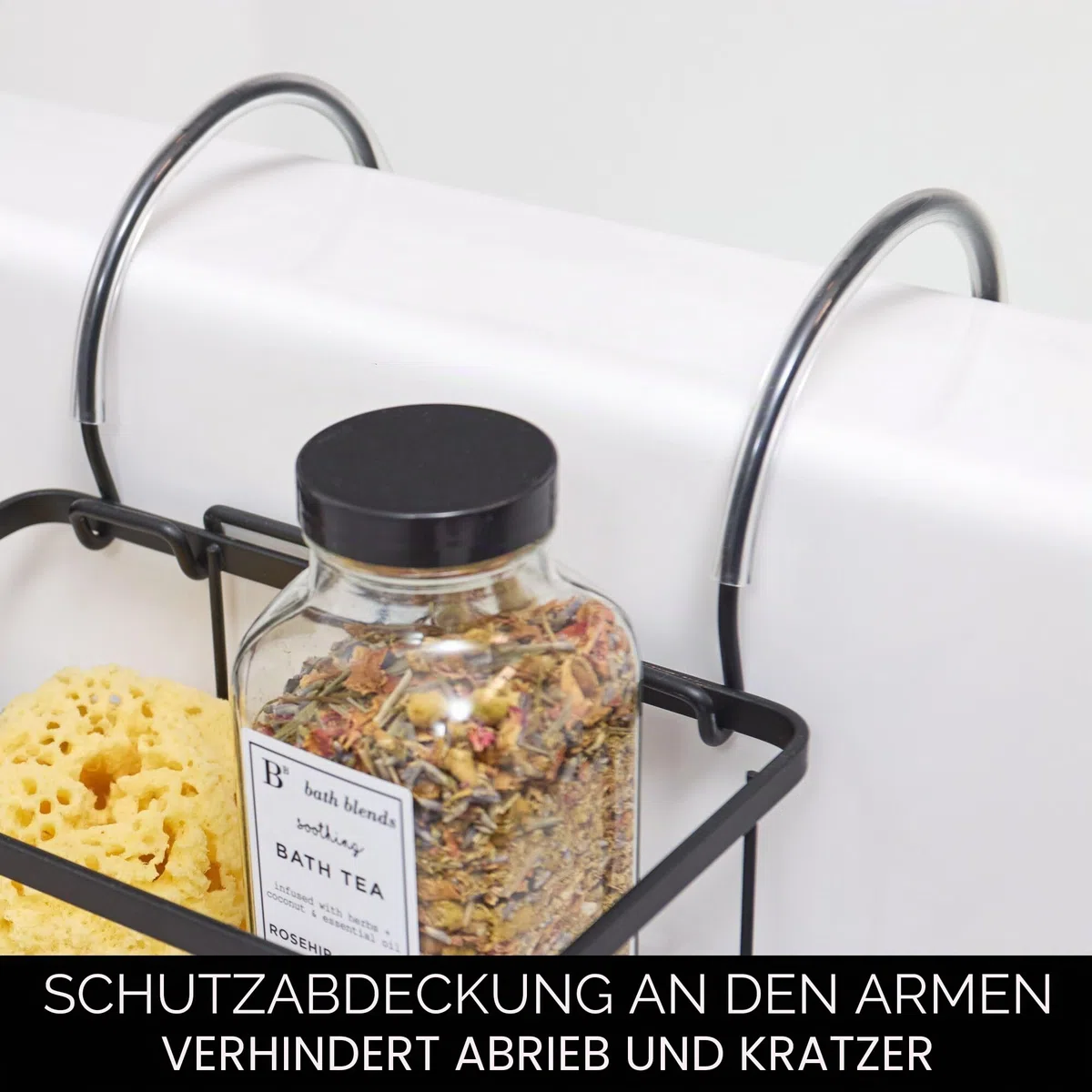 iDesign Badewannenablage, kleine Badablage zum Einhängen über der Wanne aus Metall, Badewannenregal ohne Bohren für Seife, Kosmetik, Bücher, Tablet und Handy, mattschwarz