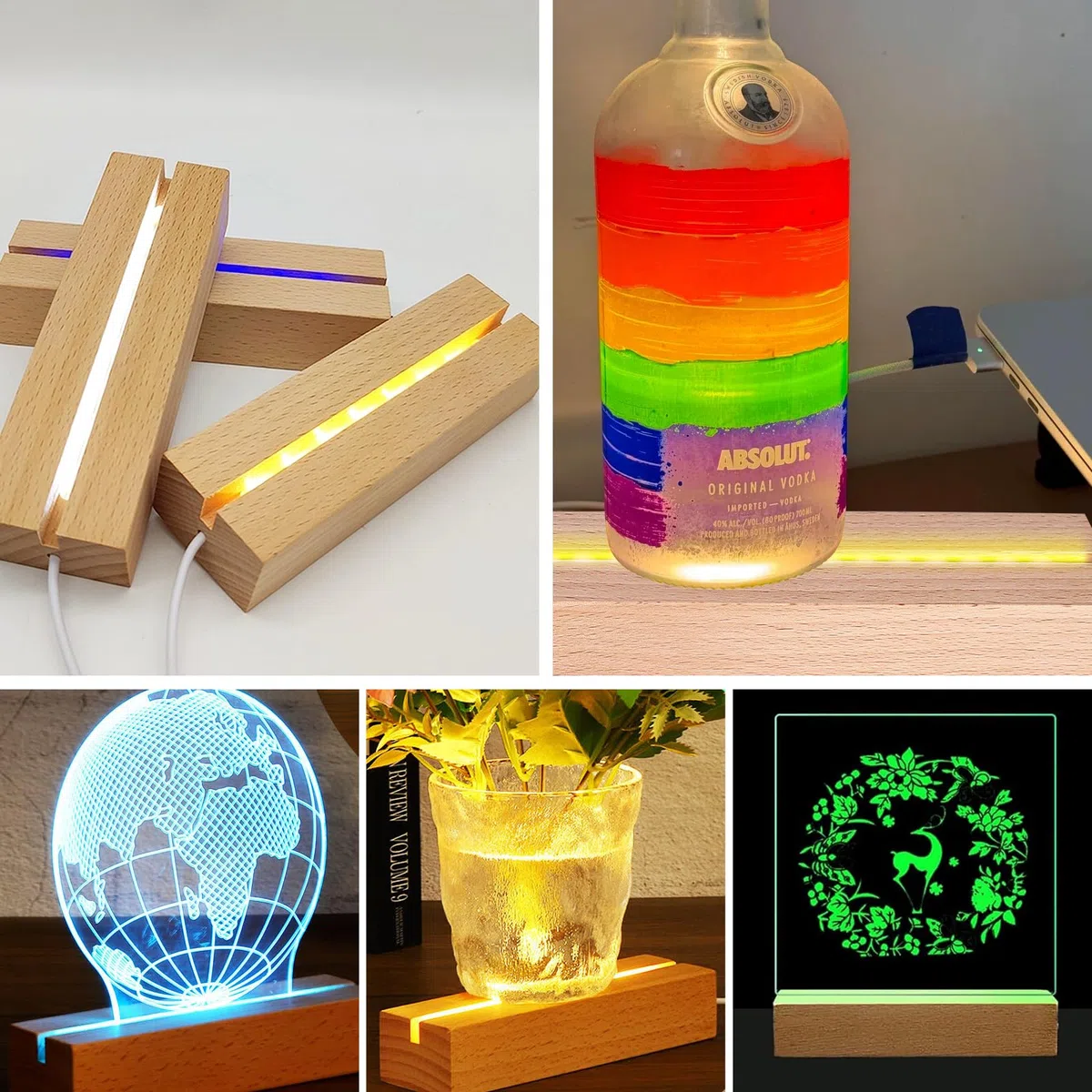 BORDEAG 4 Stück Led Lichter Display Basis, Led Lichtsockel, Led Sockel Holz, 7 Farben Rechteckige Lichter Display Basis, Holz Led Lichtsockel, Led Holzsockel, Für Glasblock, Kristalle, Glas