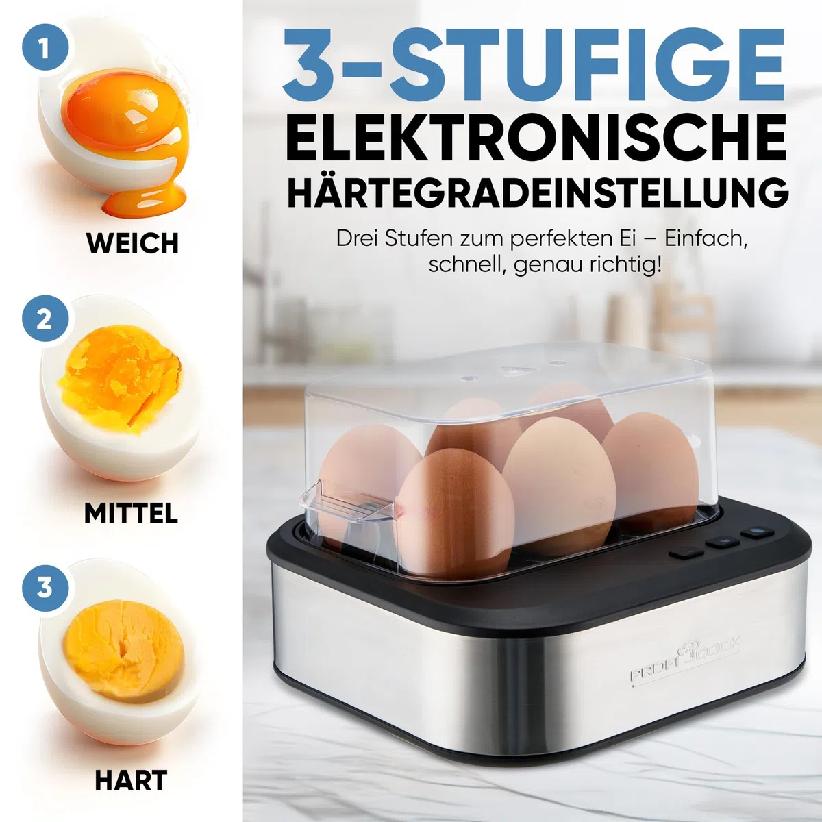 ProfiCook sprechender Eierkocher, kocht alle drei Stufen - weich/mittel/hart, 6 Eier, geeignet Ergebnis, Edelstahl Eierkocher mit Härtegradeinstellung, Egg Cooker, PC-EK 1276