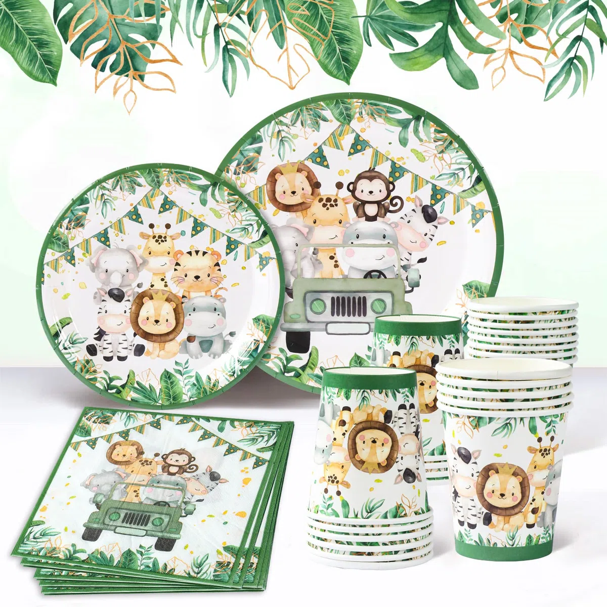 Dschungel Safari Partygeschirr Set, 96 Dschungel Safari Pappteller Kindergeburtstag, Grün Tiere Pappteller Servietten Becher, Party Animals Partygeschirr für Wild One Geburtstag Jugendweihe Junge