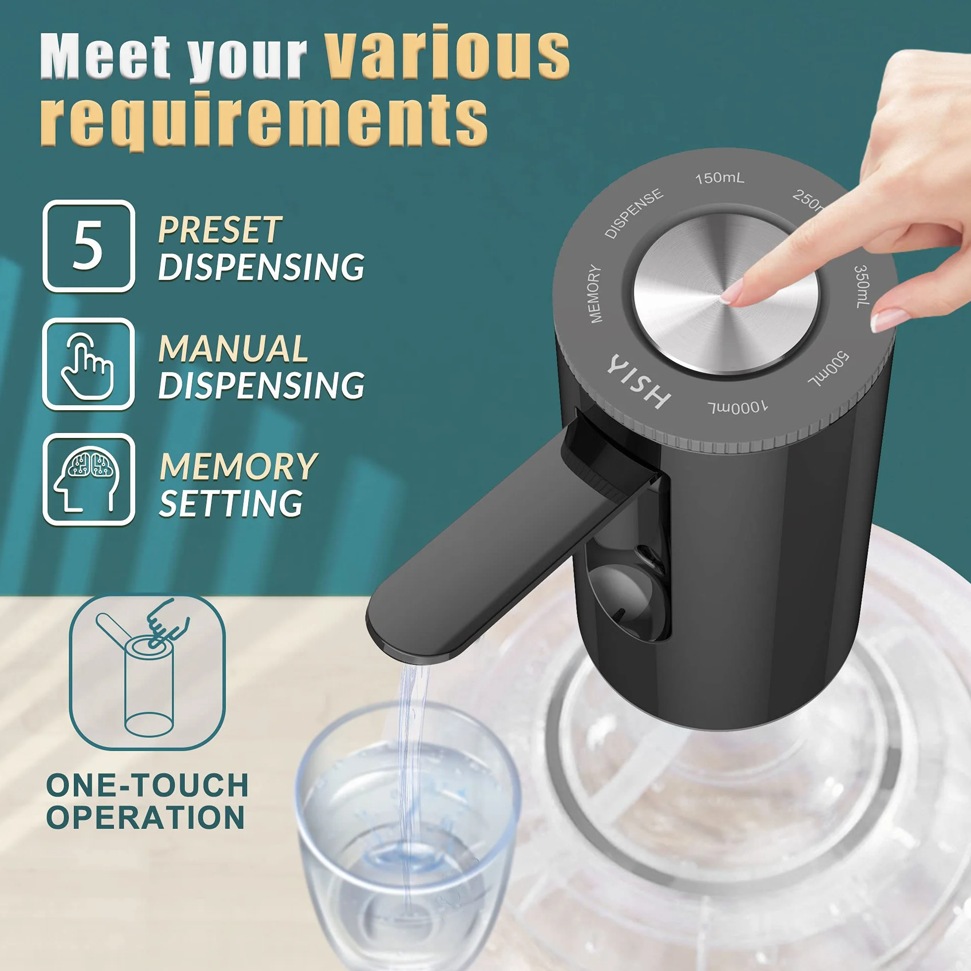 YISH Wasserspender Pumpe Wasserpumpe 5Gallonen Wasserflasche: Elektrischer Wasserspender Wiederaufladbarer USB Wasserflasche Pumpe Tragbarer Faltbar Trinkwasserpumpe für Home Office Küchen Camping