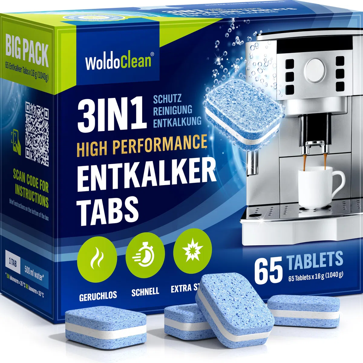 WoldoClean 3in1 Entkalkungstabletten Kaffeevollautomat 65 Stück Entkalker | Entkalker Tabs für Kaffeemaschine, kompatibel mit Siemens EQ Series, DeLonghi, Jura, Philips, Miele, Bosch