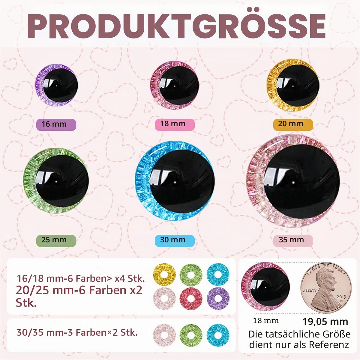 84 Stück 3D-Glitzer-Sicherheitsaugen, 16–35 mm, Mond-Sicherheitsaugen zum Häkeln, mit Unterlegscheiben, große Sicherheitsaugen für Amigurumi, Häkelaugen für Stofftiere, Puppenherstellung