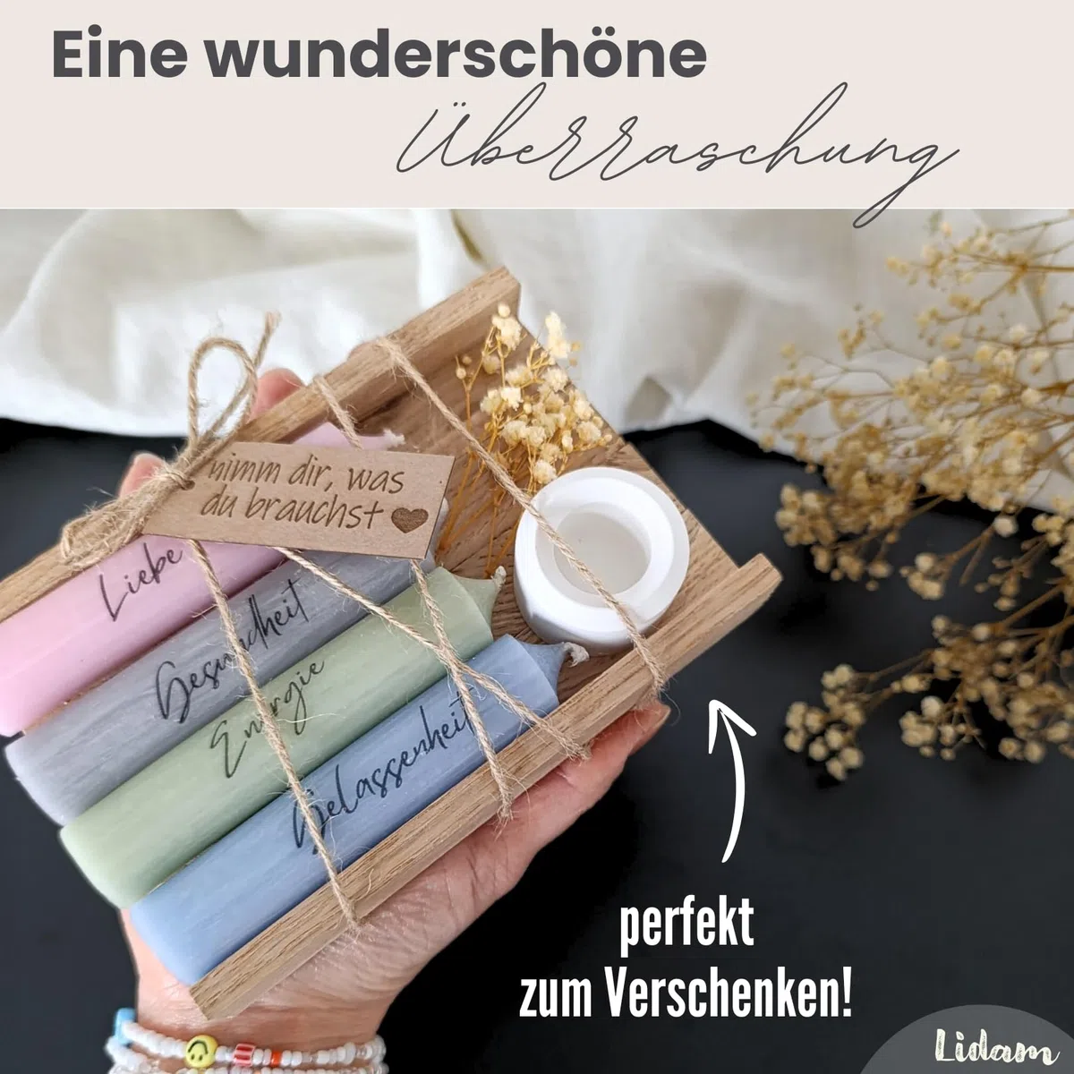 Kerzen Geschenkset | nimm dir, was du brauchst | Kerzenhalter & Trockenblumen – stilvolle Geschenke für Frauen, Freundin, Geschenke für Mama, Lieblingsmensch, Geschenkset Frauen