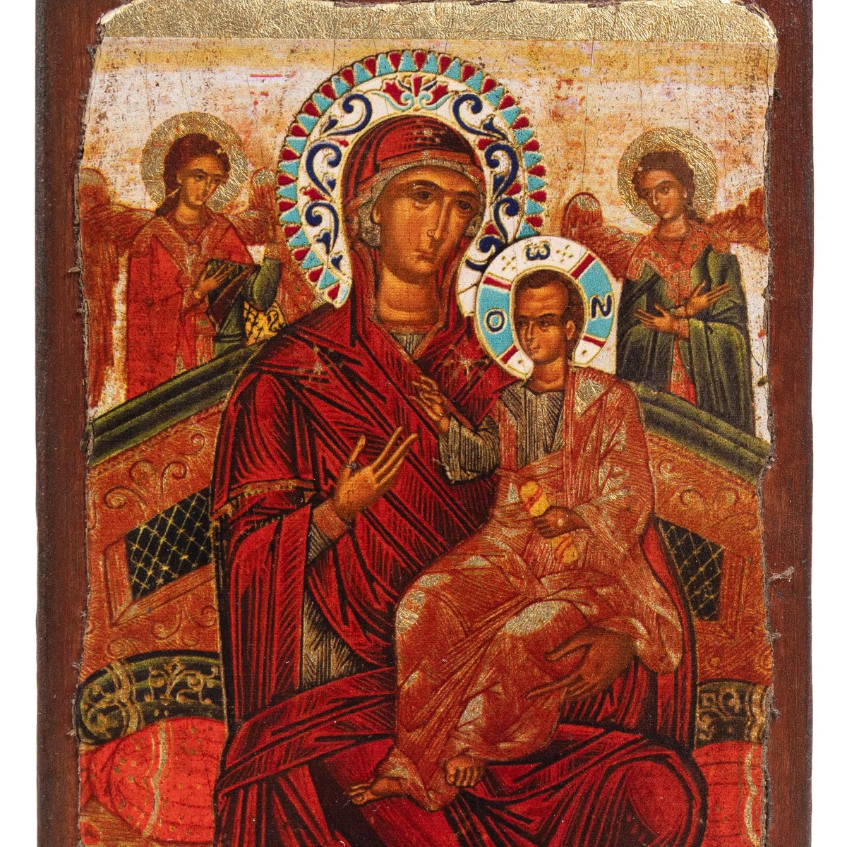 VATOPEDI MONASTERY Panagia Pantanassa 17. Jahrhundert Holz gealterte Ikone auf Leinwand mit farbigem Hintergrund vom Berg Athos (15 x 8 cm)