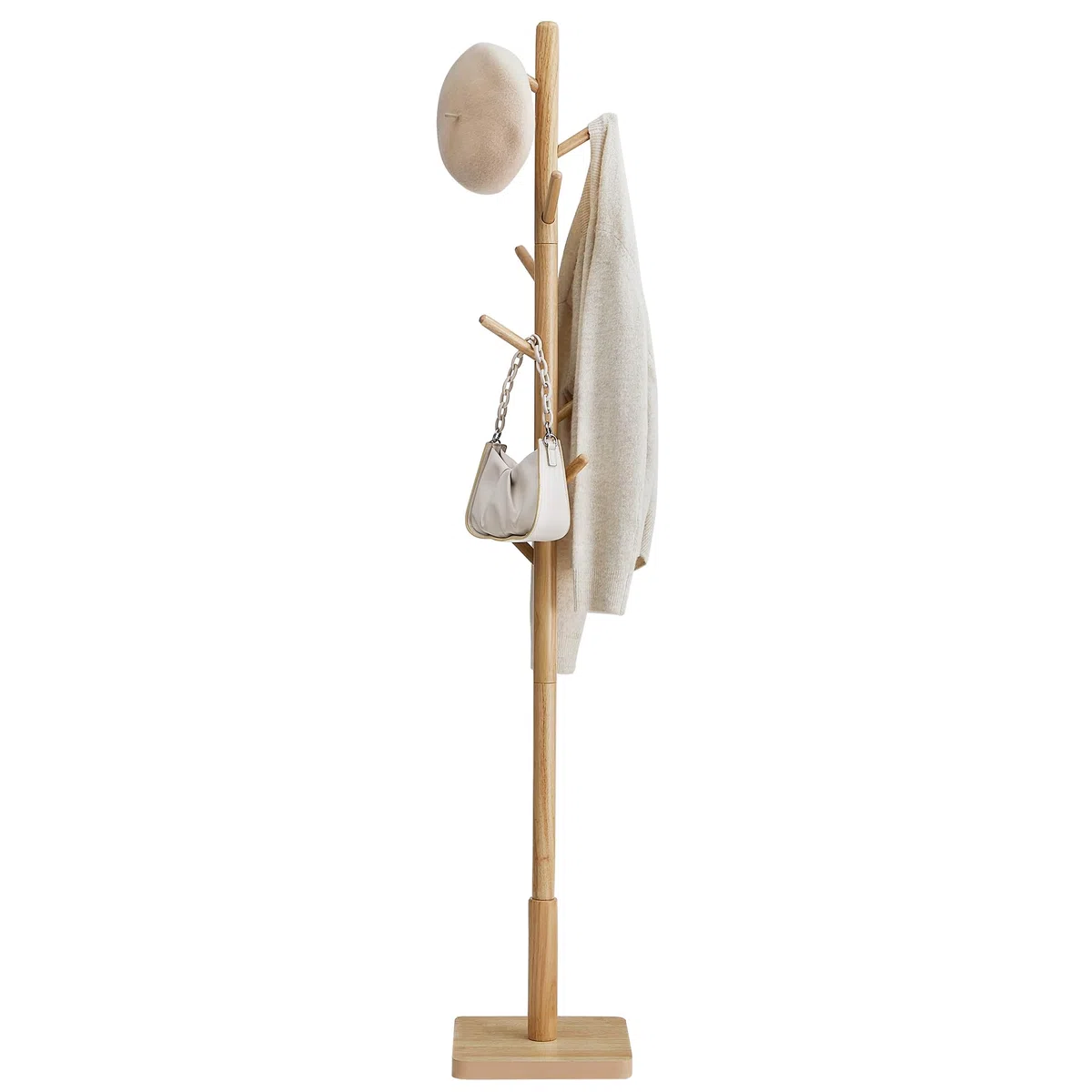 VASAGLE Garderobenständer, Kleiderständer Massivholz, Jackenständer Baumform, 8 Haken für Jacken, Hüte, für Flur, Haken und Haltestange aus Kautschukholz, naturbeige RCR010N01