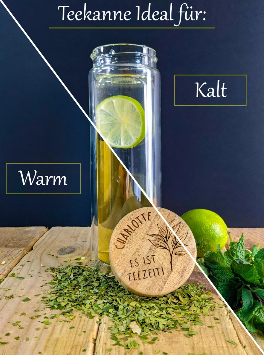 KDO MAGIC - Personalisierte Teekanne - aus Glas und Bambus - Doppelwandig - personalisierbar - mit Gravur auf Korken - Geschenkidee Mama, Muttertag, Geburtstag, Weihnachten
