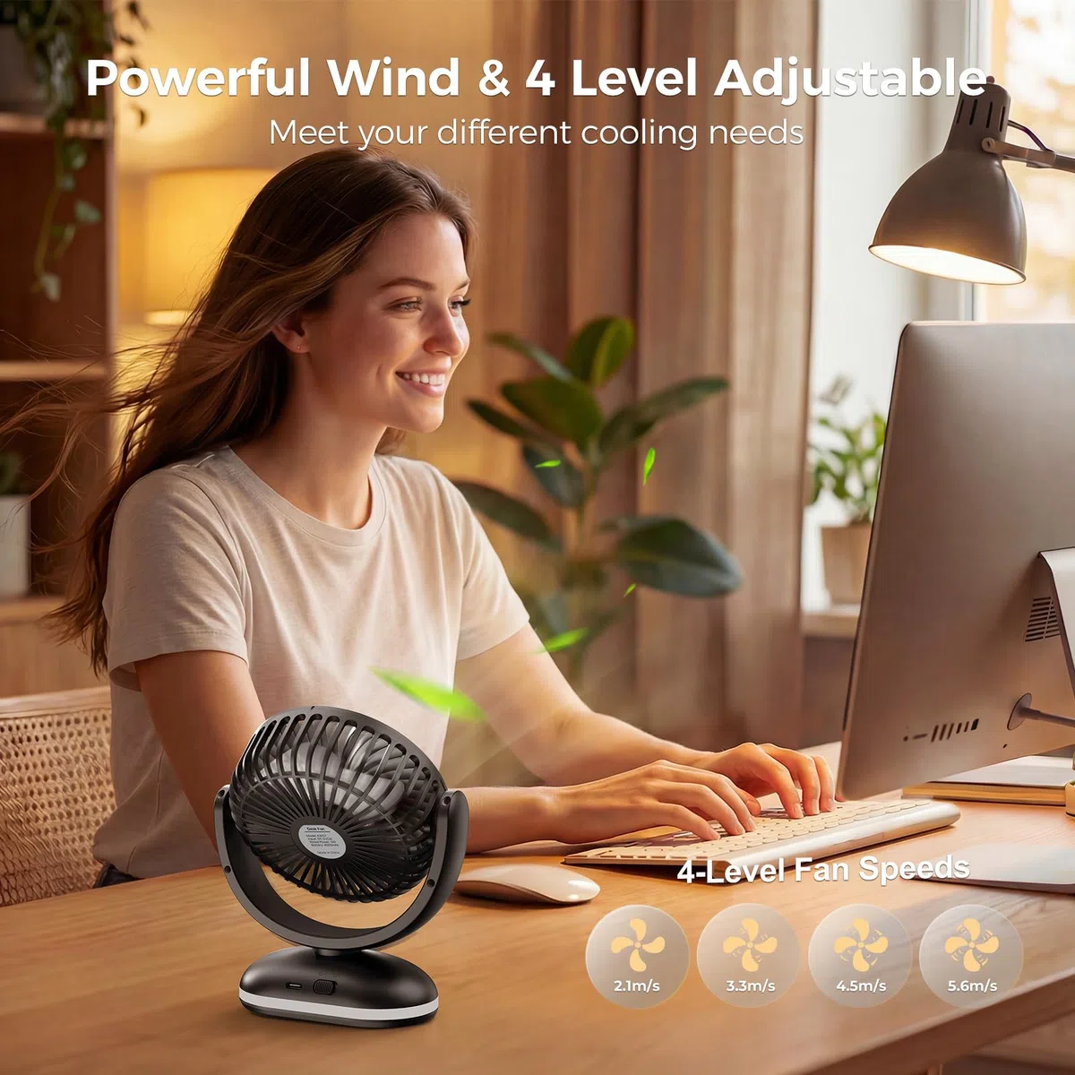 TriPole 4000mAh Tischventilator Akku, 31H Laufzeit, Mini Ventilator mit LED Display, 4 Stufen USB Lüfter Leise, Ventilator Klein Tragbar, Verstellbar für Büro, Schlafzimmer, Camping, Schwarz