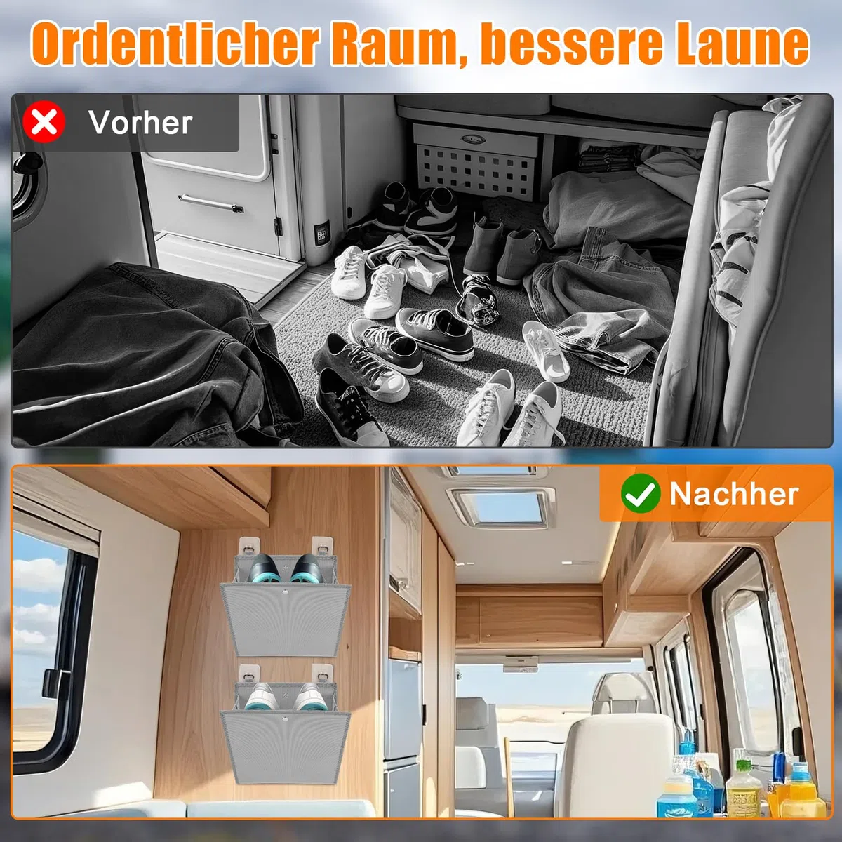 2 Stück Hängender Schuhorganizer Wandmontage mit Klebehaken Faltbare Aufbewahrungstasche aus Vliesstoff Schuhregal für Tür Wohnmobil Wohnung Studentenwohnheim Raumsparende Lösung (Grau)