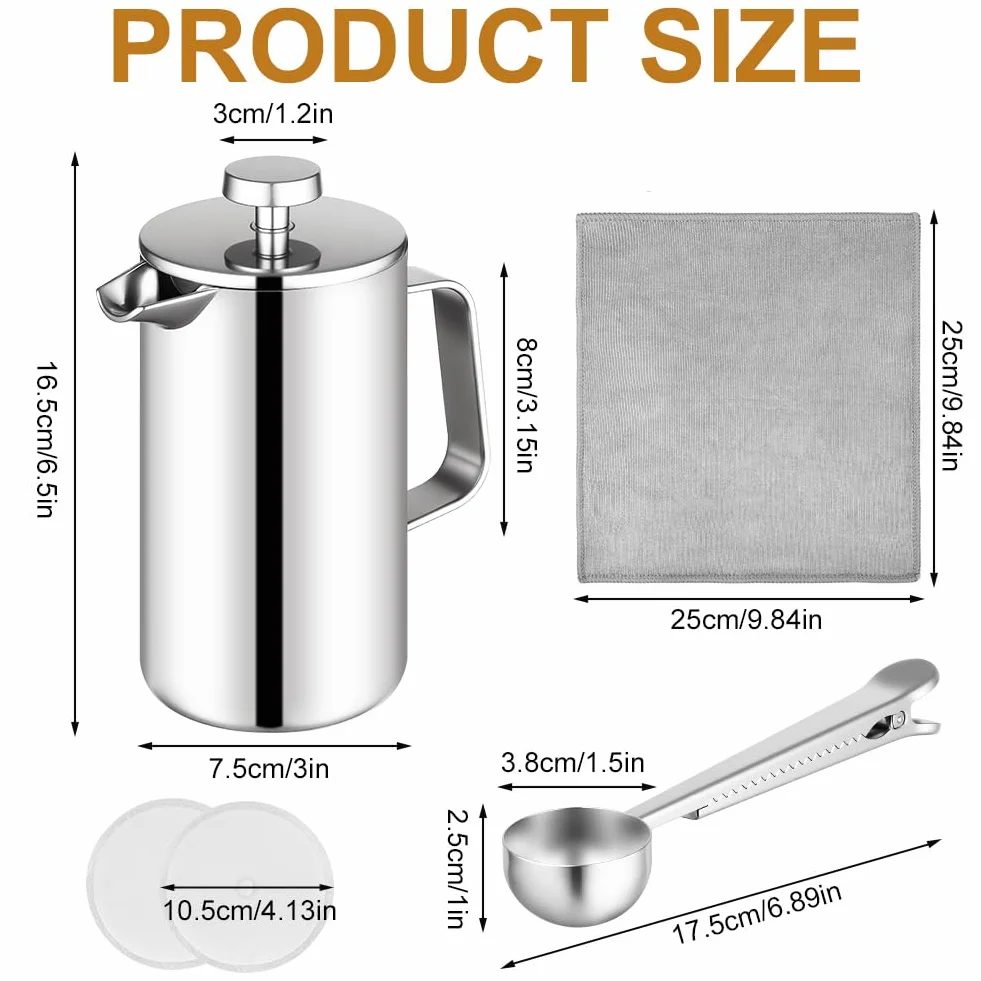 HOTUT French Press Kaffeebereiter, 350 ml Edelstahl Französische Presse mit Löffel, Ersatzfilter, Klein Kaffeezubereiter Doppelwandige, kaffeekanne thermo für Zuhause Reisen Camping