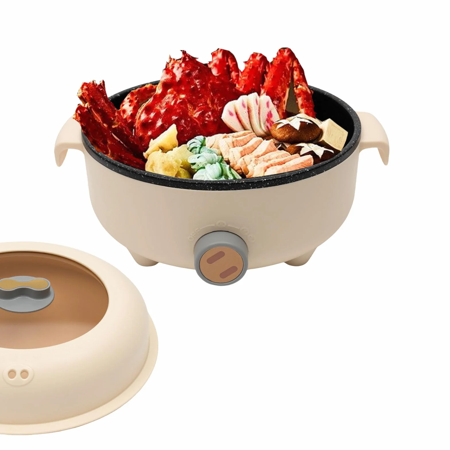1,5L Elektrischer Hot Pot mit Dampfgarer, Antihaft Mini Elektropfanne Khaki | Antihaft, 1,5L, mit Dampfgarer|Geeignet für Kochen, Braten, Ramen, Fondue & Suppe | Ideal für Wohnheim, Camping & Zuhause