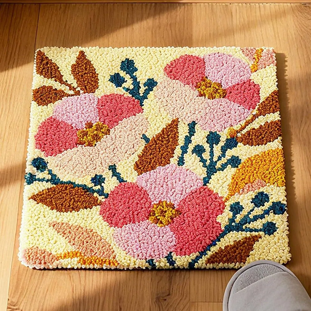 ORIGACH Blumen Und Pflanzenmotiven Knüpfteppich, Kreuzstich Teppich Set Für Erwachsene mit Werkzeug, Teppich Aus Farbgeprägtem Gitterstoff, Heimdekoration, Festivalgeschenke, 50×50cm