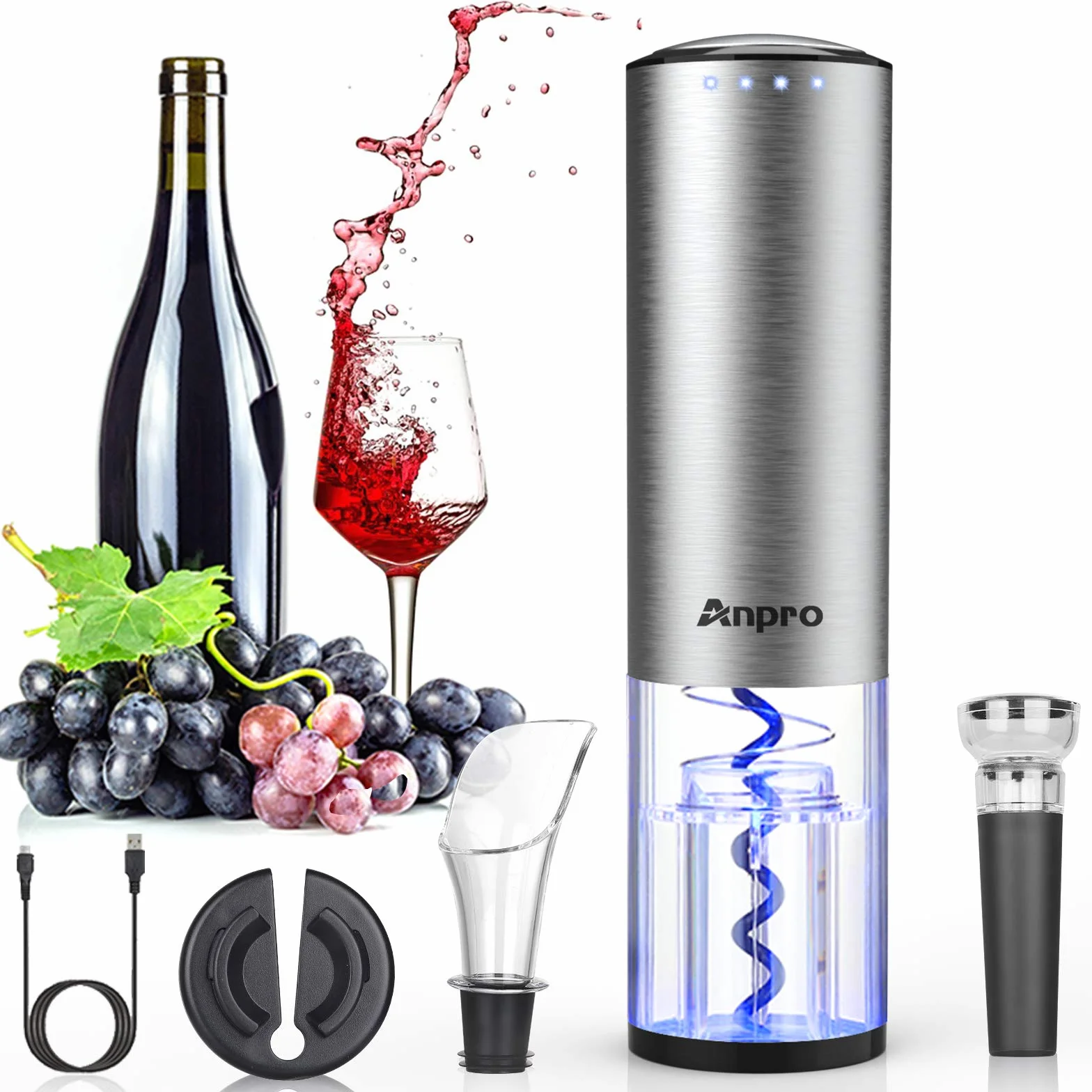 Anpro Korkenzieher Elektrisch, Elektrischer Korkenzieher Set, Automatische Weinöffner Flaschenöffner mit Folienschneider, Vakuum Stopper und Ausgießer, Silber
