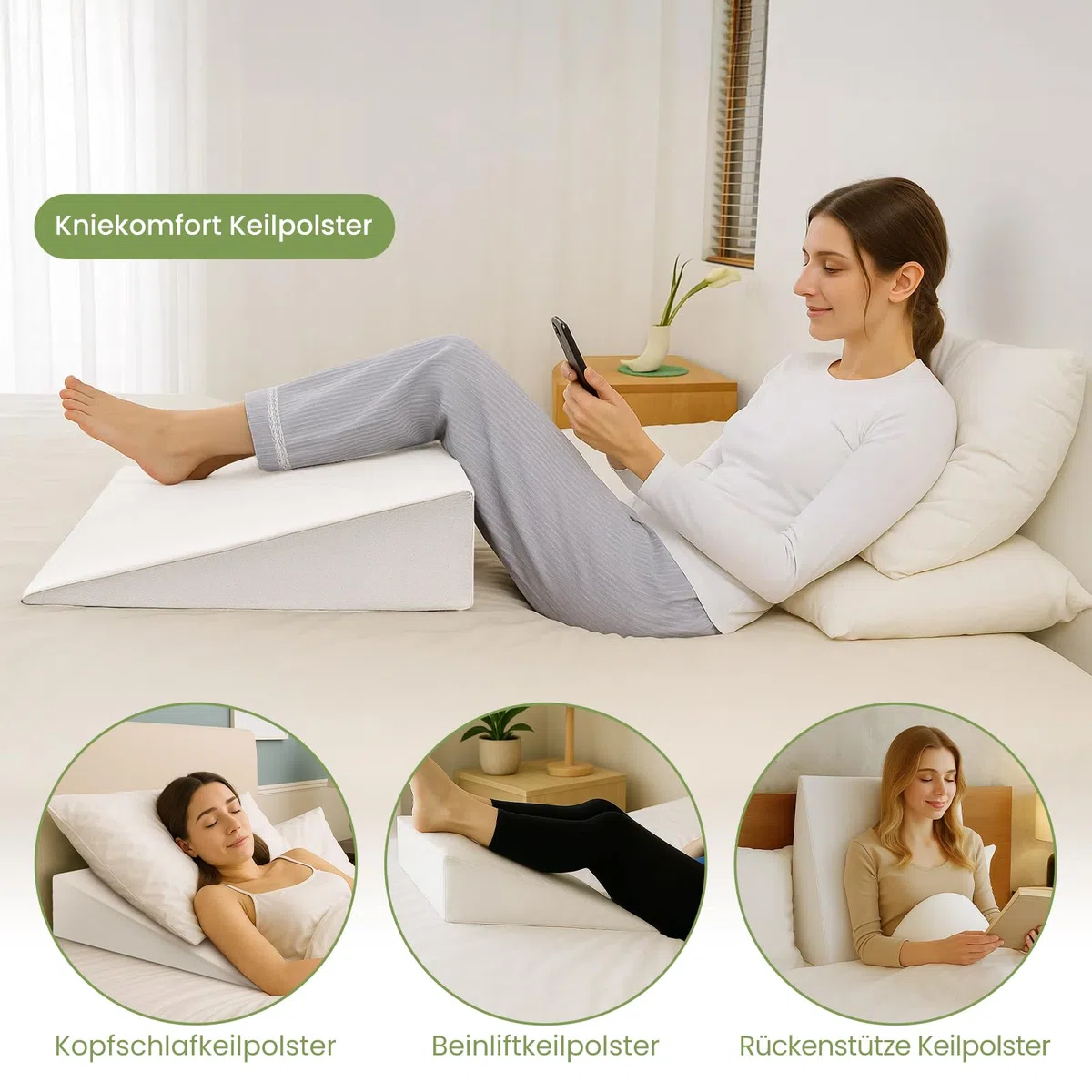 Premium Keilkissen für Bett & Sofa – 2-Zonen-Komfortsystem | Reflux- & Schlafhöherlagerungskissen | Ergonomischer Matratzenkeil | Lesekissen, Rückenstützkissen & Beinkissen (White 80cm)
