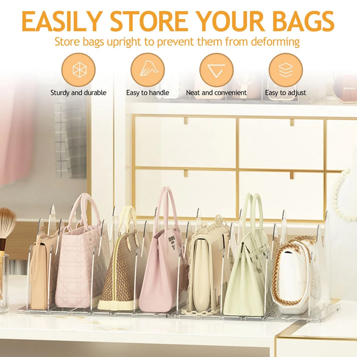 2 Stück Handtaschen Trenner Aufbewahrung für 6 Taschen Regalteiler für Schrank verstellbare Geldbörsen Organizer Handtaschentrenner Taschenständer für Schlafzimmer, Schränke, Büro, Bad