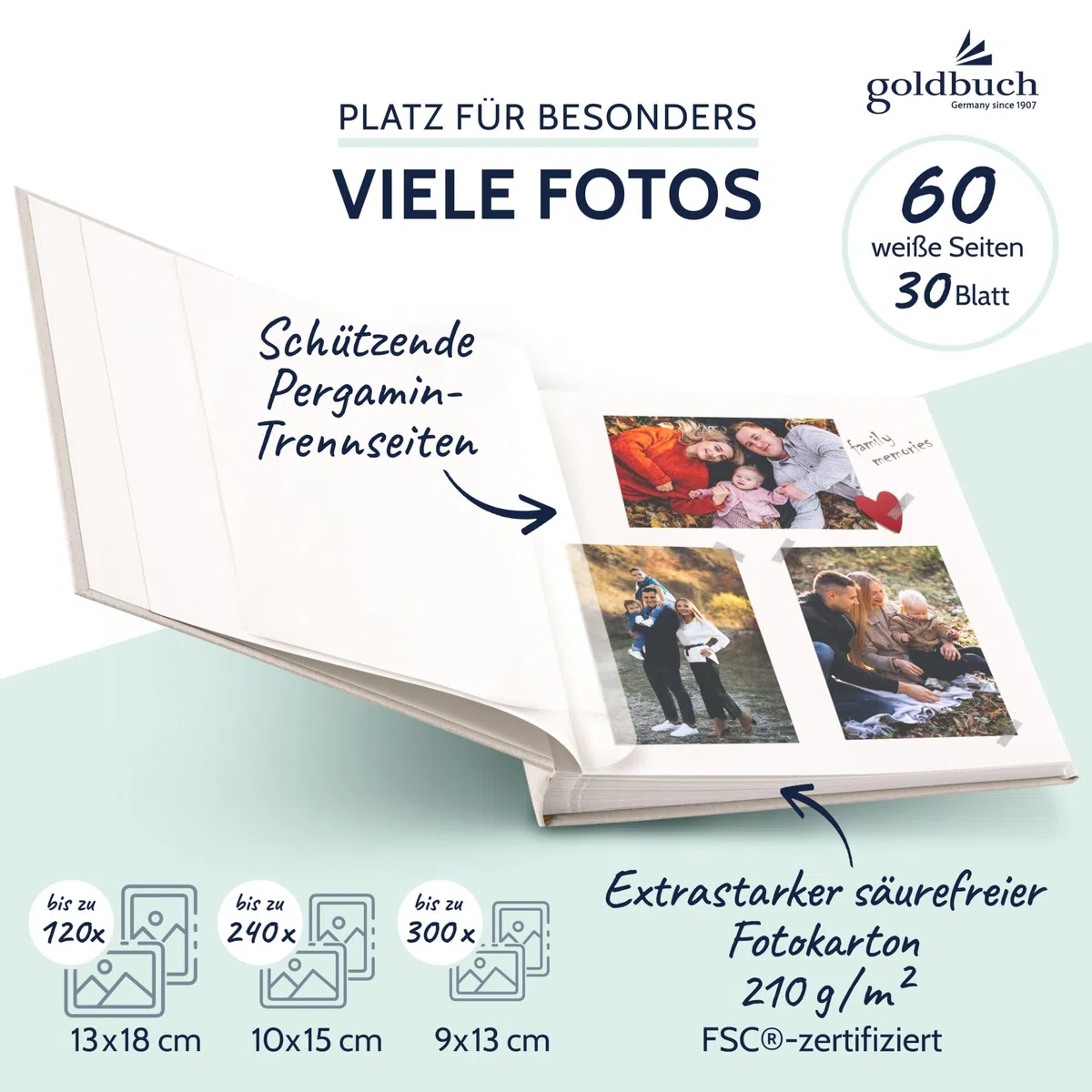 goldbuch 27 723 Bella Vista Fotoalbum mit Bildausschnitt Sandgrau, Erinnerungsalbum im Format 30 x 31 cm, Foto Album 60 weiße Seiten mit Pergamin-Trennblättern, Fotobuch mit Leineneinband, Grau