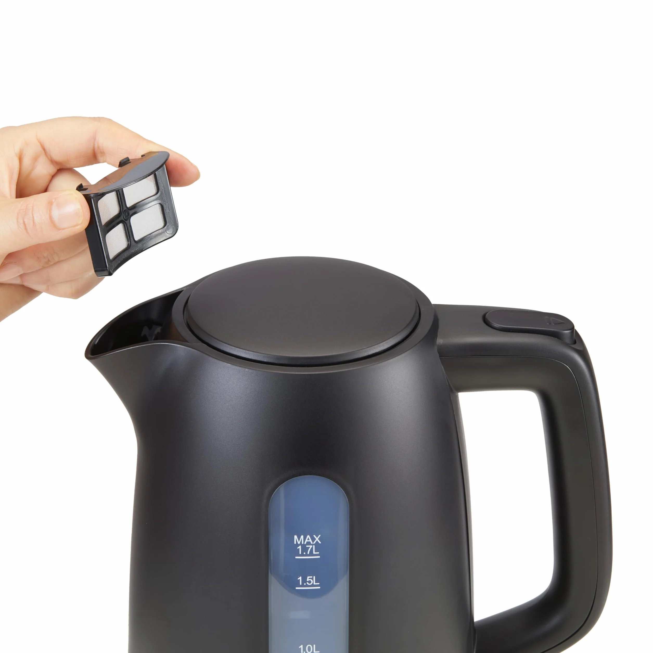 Amazon Basics Wasserkocher 1,7L, 2200 W, BPA-frei mit 360° Basis, Automatische Abschaltung und Herausnehmbarem Kalkfilter, Mattschwarz