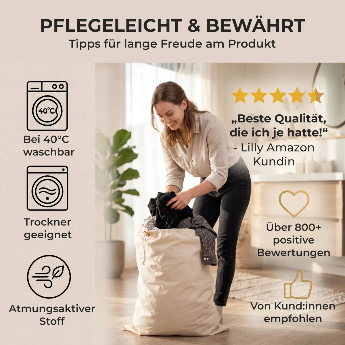 Wäschesack, 2er Set 50 x 70 cm - Strapazierfähige 45l Wäschebeutel Reise, 100% Baumwolle [Öko-Tex zertifiziert], Wäschesäcke, Stoffbeutel Groß, Laundry Bag, Schmutzwäschebeutel Reise