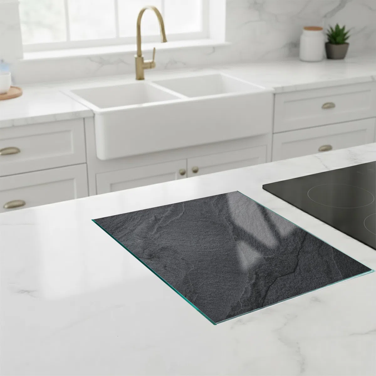 SFArt Herdabdeckung Glas 1 Teilig 60x52 – Gehärtetes Glas Schneidebrett & Ceranfeld Abdeckplatte – Hygienisch & Rutschfest – Schutz für Induktion, Ceran Obsidian