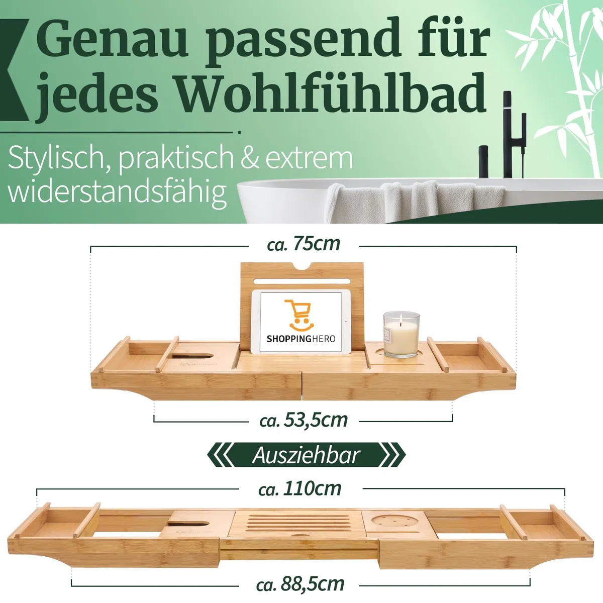 HEIMWERT Badewannenablage Badewannentablett Ablage Badewanne - Extragroß mit ausklappbarem Ständer - Badewannen Tablett Tisch und Frühstückstablett Zubehör aus Bambus (Natur)