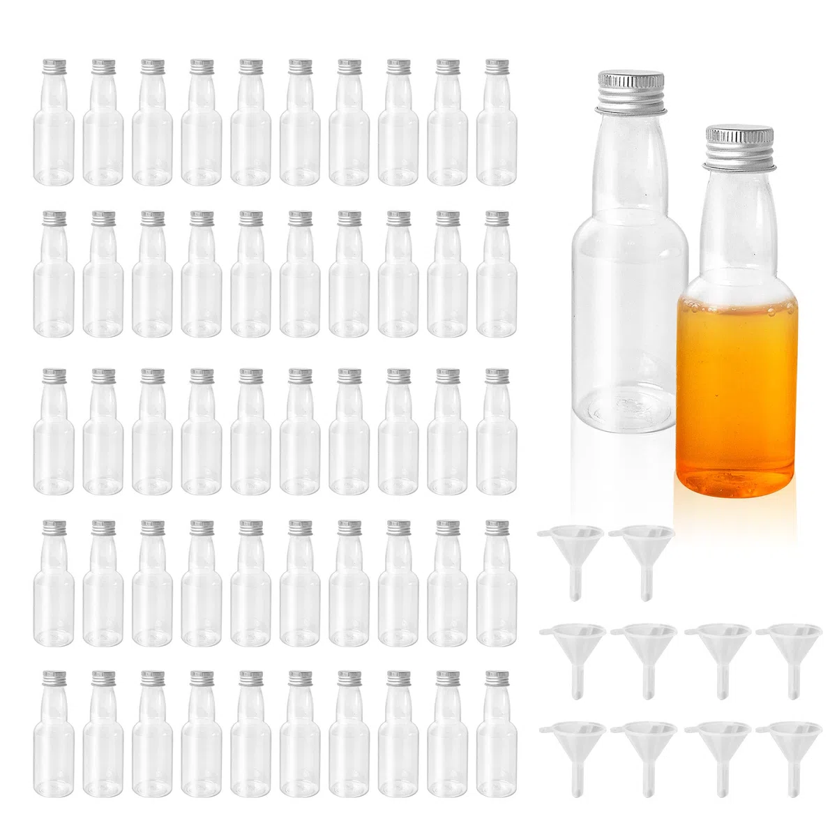 50 Stück Kleine Fläschchen zum Befüllen Kunststoff für Likör, 60 ml Mini Schnapsflaschen Likörflaschen mit Silber Deckel und Trichter, Plastik für Hochzeiten, Partys, Reisen