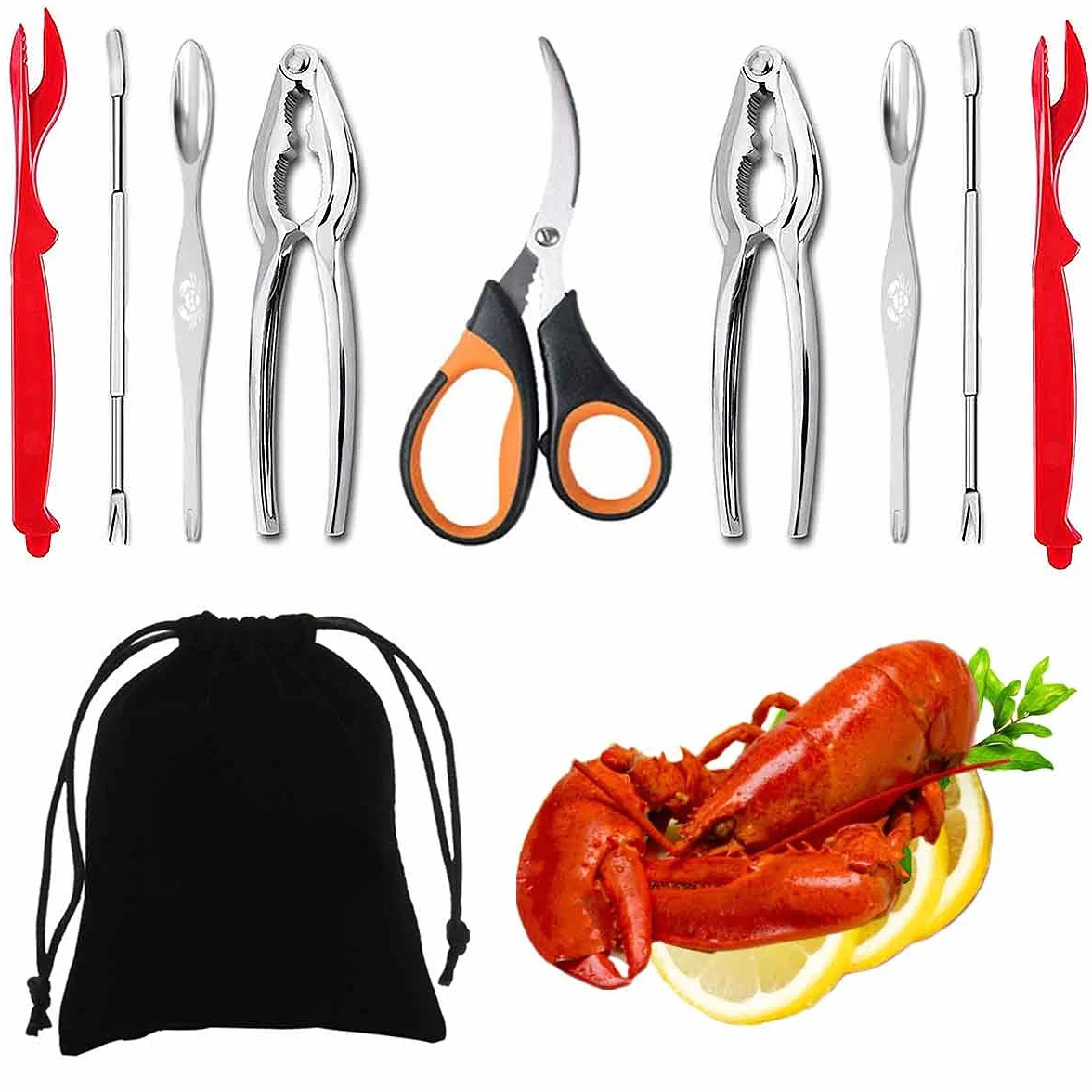 Artcome Meeresfrüchte-Werkzeug-Set – 2 Krabben-Knallbonbons, 2 Hummerschalen, 2 Meeresfrüchte-Gabeln, 2 breite Krabben-Gabeln, 1 Meeresfrüchte-Schere und 1 Aufbewahrungstasche