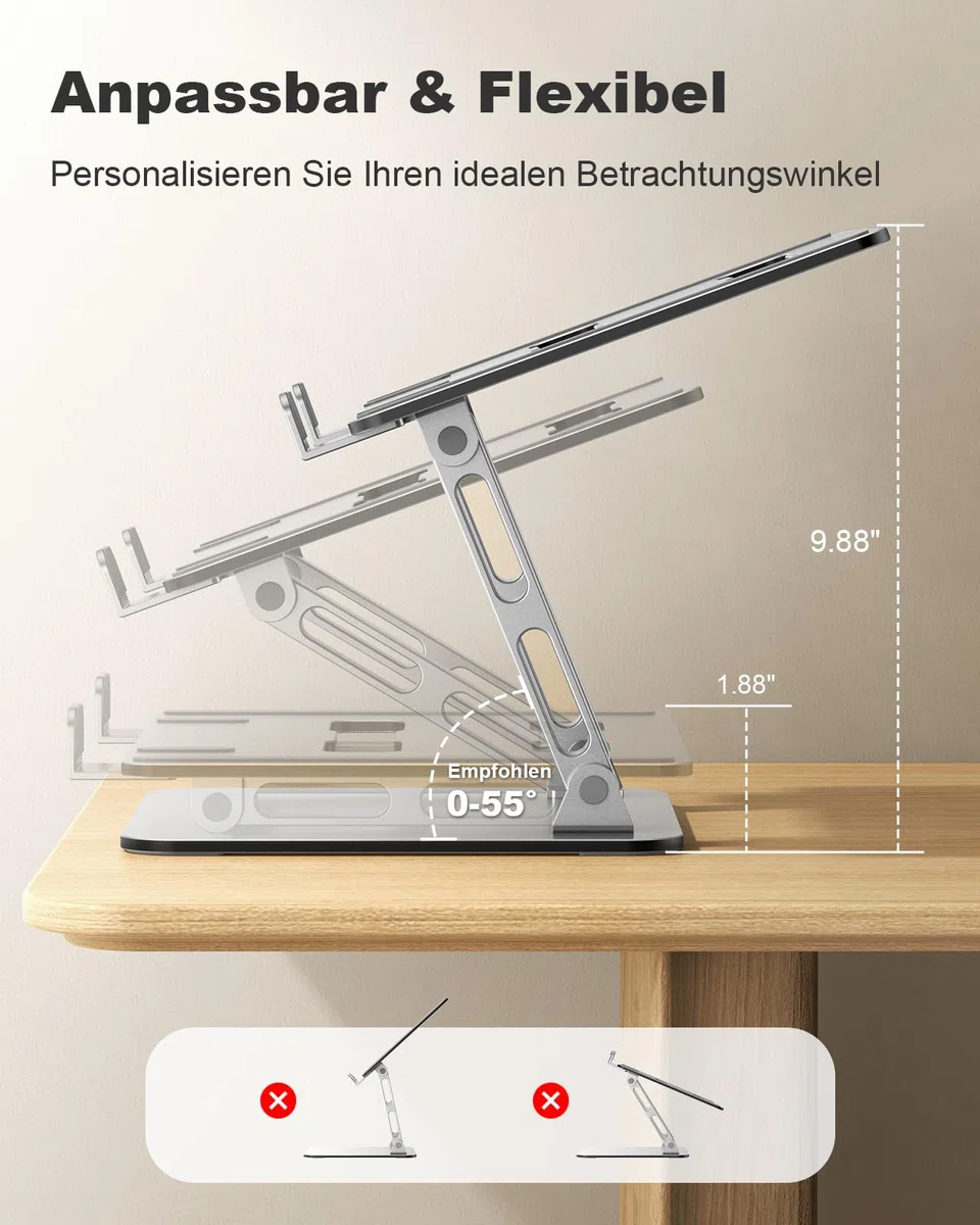 Babacom Laptop Ständer Höhenverstellbar & Belüftet mit Doppelstangen-Unterstützung, Laptoptisch Ergonomisch, Faltbar & Tragbarer Notebook Ständer Stehpulte kompatibel mit MacBook Air/Pro (10-16 Zoll)