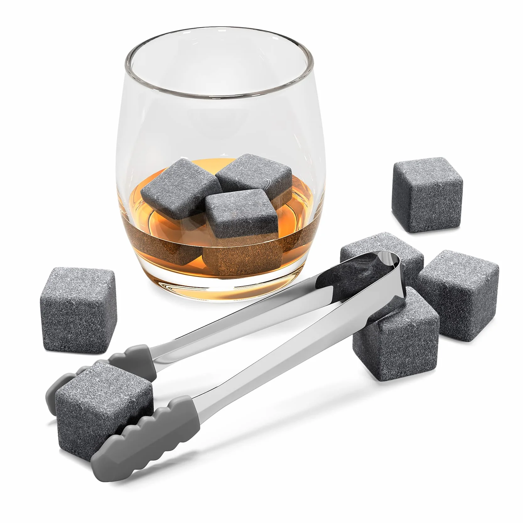 Whisky Steine Set - 12 Wiederverwendbare Basalt Eiswürfel, Zange + Stoffbeutel, Whiskey Ice Cubes Kühlsteine Bar Zubehör Cocktail Rocks Gin Stones Dekorationszubehör Geschenk Whiskysteine