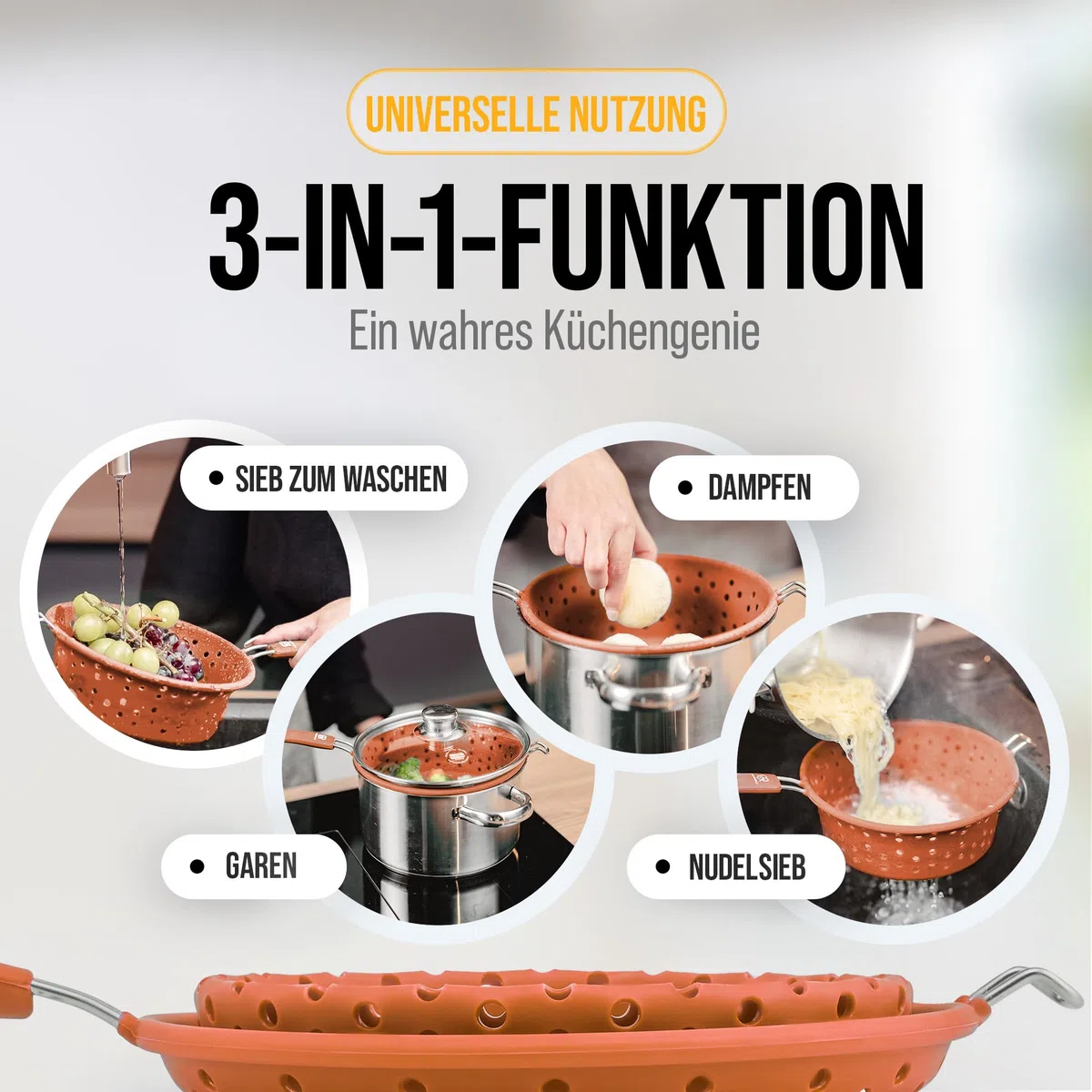 3-in-1 Faltbares Sieb aus Silikon und rostfreiem Edelstahl, Küchensieb, Nudelsieb, Dampfgar Einsatz, Abtropfsieb, platzsparend, multifunktional, geschirrspülfest, 21cm Lachsrosa