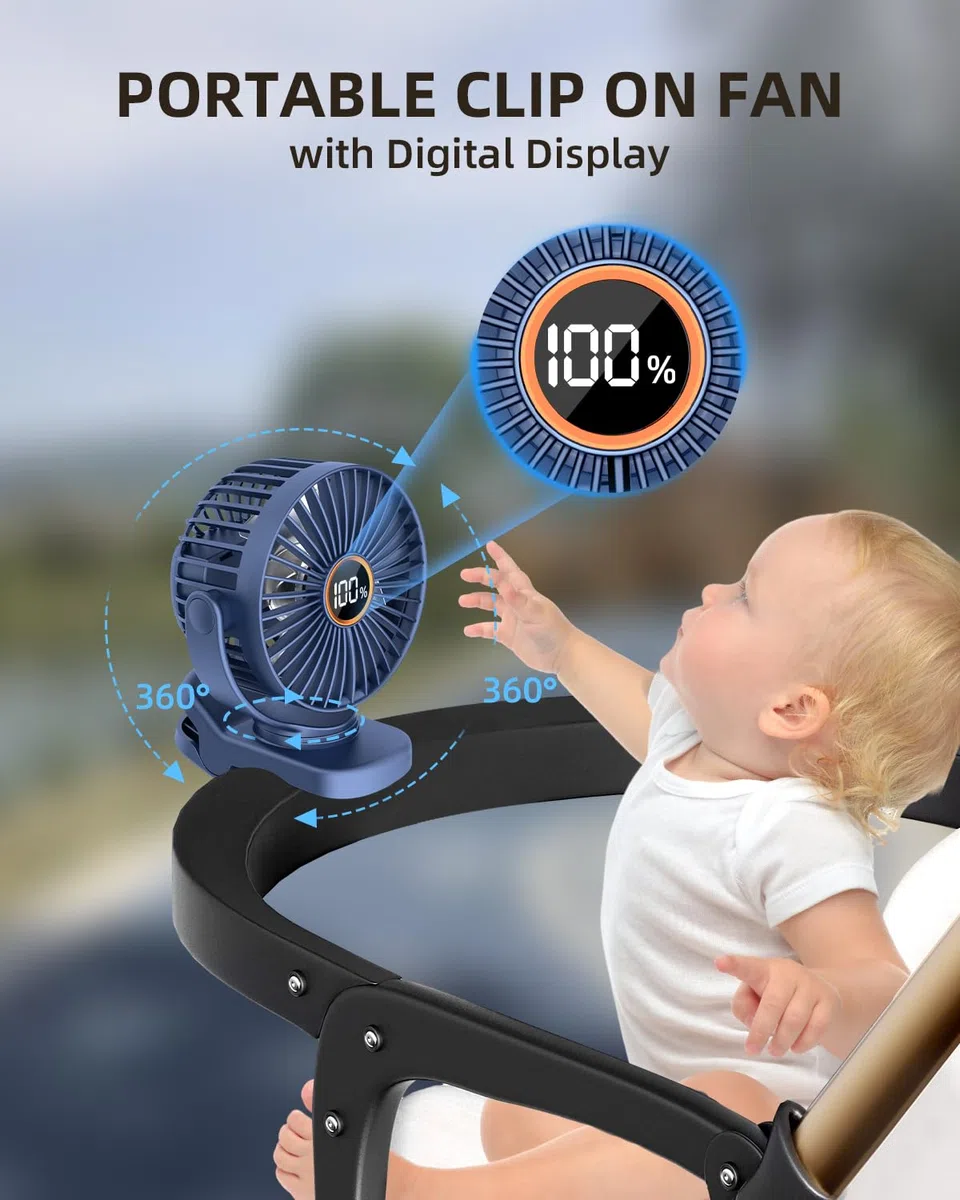 TUNISE USB Ventilator mit Clip, Mini Ventilator 3 Stufen 4,5 m/s, 2000mAh Akku 9,5Std Laufzeit, Tischventilator für Büro Kinderwagen Bett Camping,Blau
