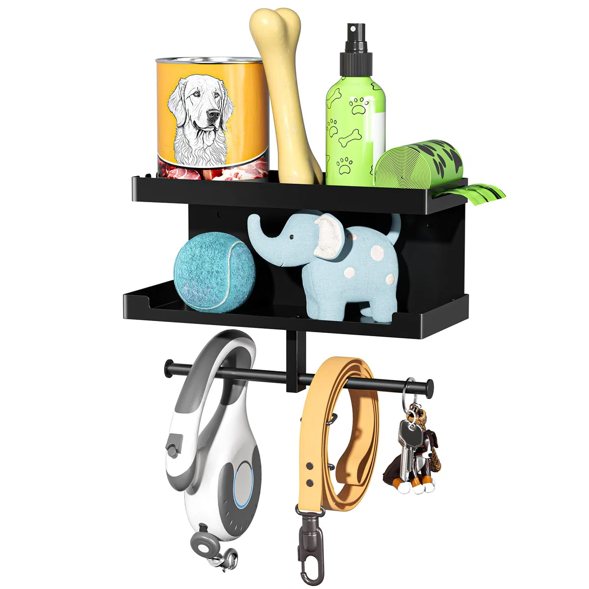 Hundegarderobe mit Ablage, Hundeleinen Halterung Wand, Schwarz Wandhalter für Hundeleine, Metall Hunde Garderobe Schlüsselbrett, für Hundeleine, Trainingsleckerlis, Kauspielzeug, Schlüssel, Groß