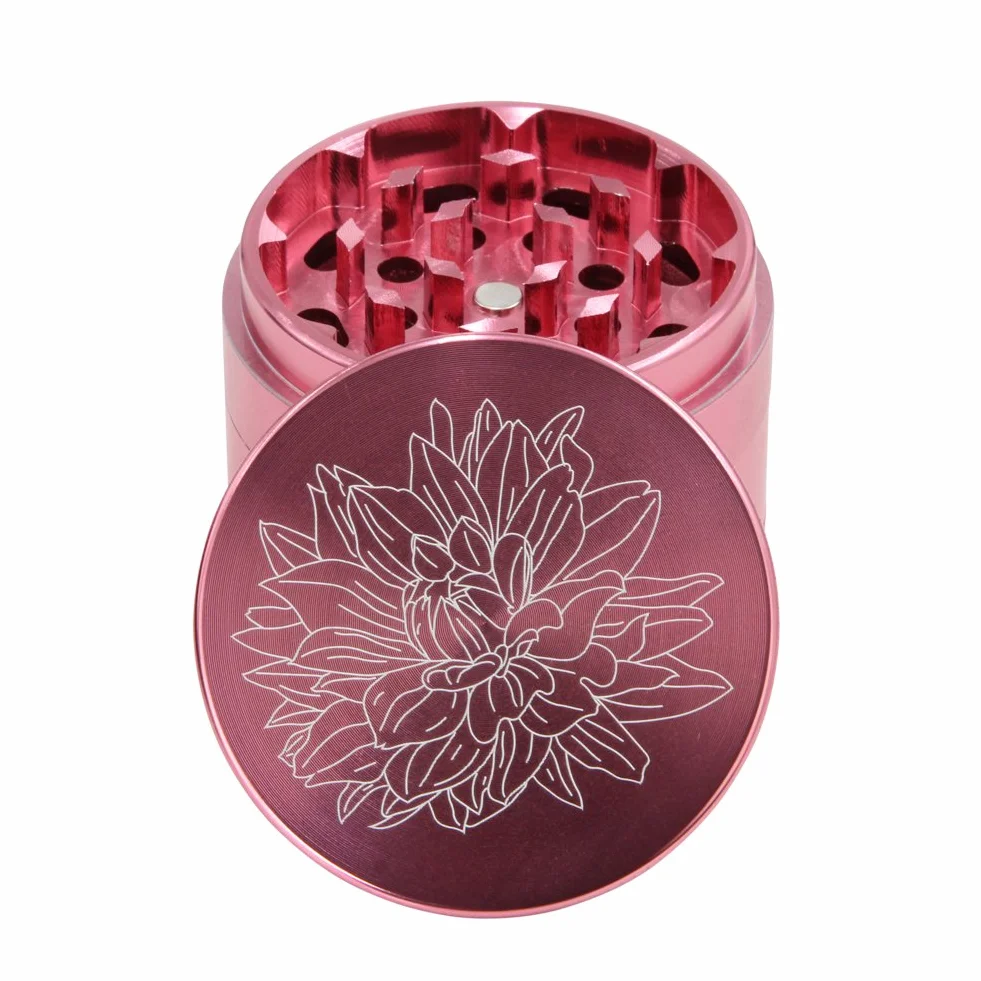 DCOU Premium Aluminium Grinder Crusher mit Blumen auf dem Deckel Magnetisch Ø55mm Metall Spices Grinder 4 Teilig