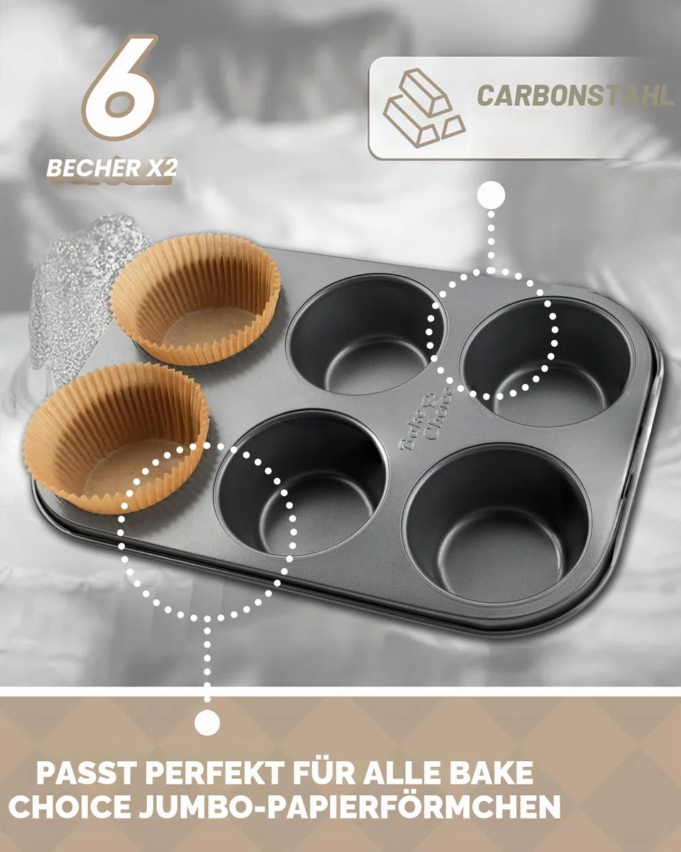 Bake Choice 2 Pack Jumbo Muffin Backform, mit 50 Natürlicher Jumbo Muffinförmchen Papier, 6-Fach Antihaft-Muffinform, Backform Set aus Kohlenstoffstahl